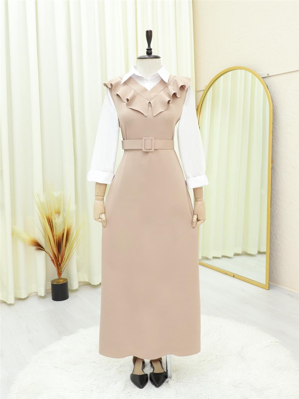 V Neck Long Gilet Dress -Beige-111-60811-R56