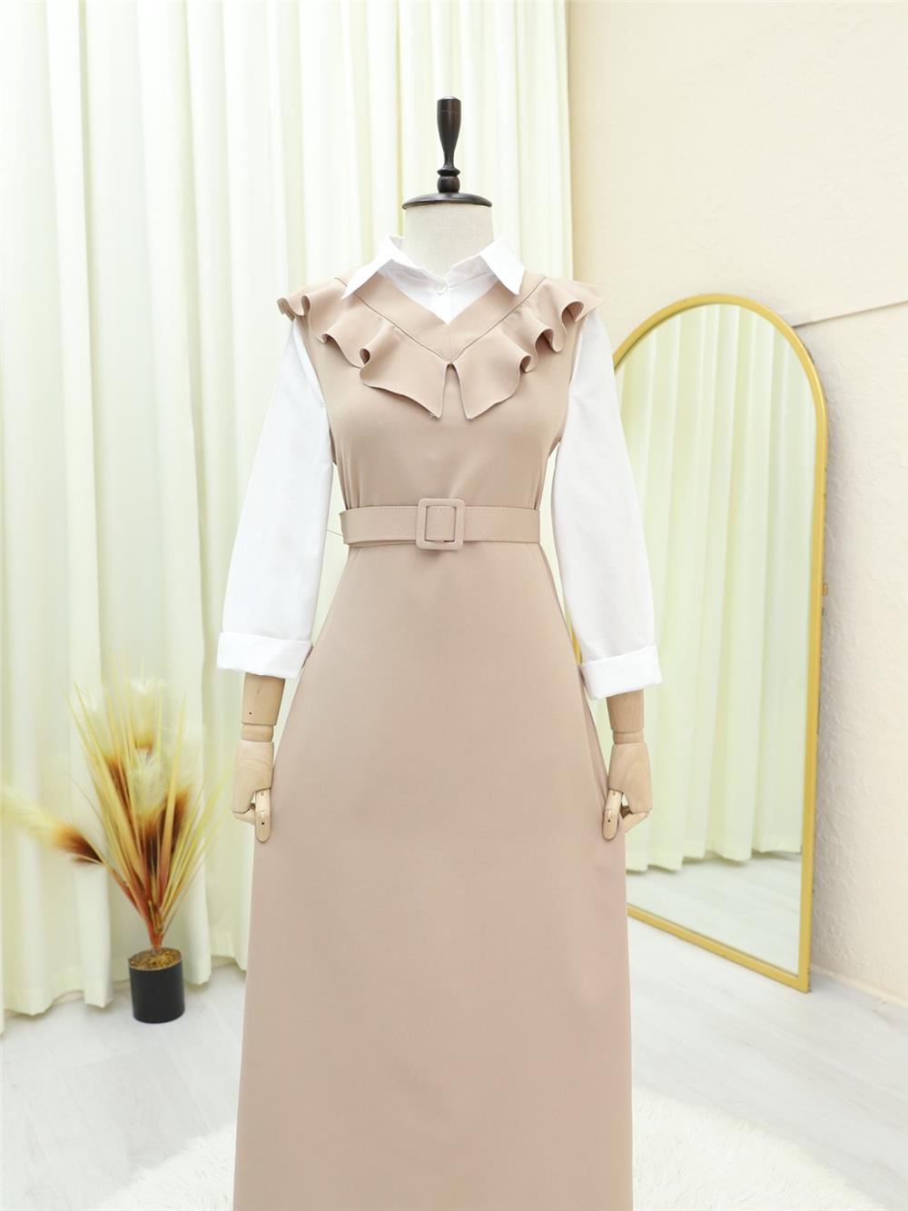 V Neck Long Gilet Dress -Beige-111-60811-R56