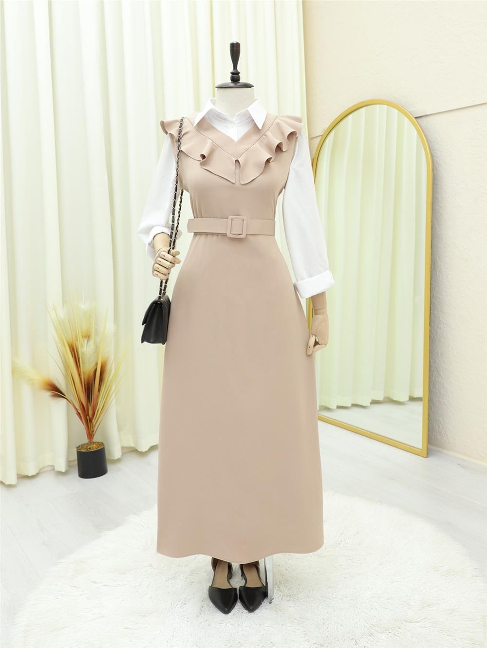 V Neck Long Gilet Dress -Beige-111-60811-R56