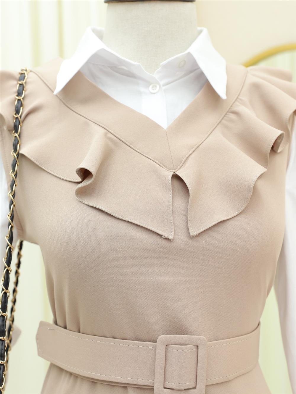 V Neck Long Gilet Dress -Beige-111-60811-R56