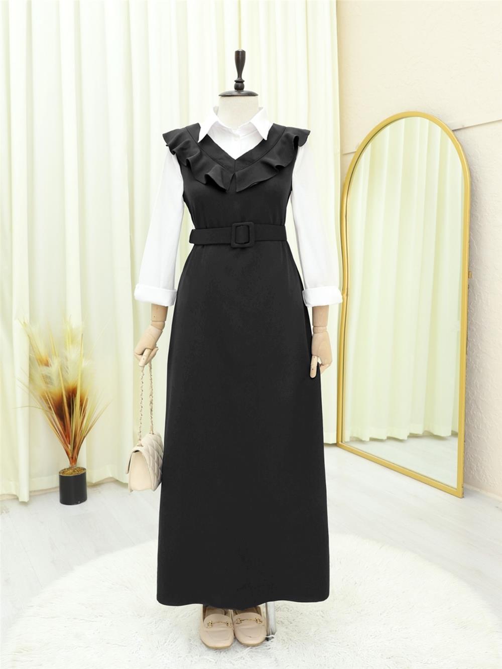 V Neck Long Gilet Dress -Black-111-60811-R01
