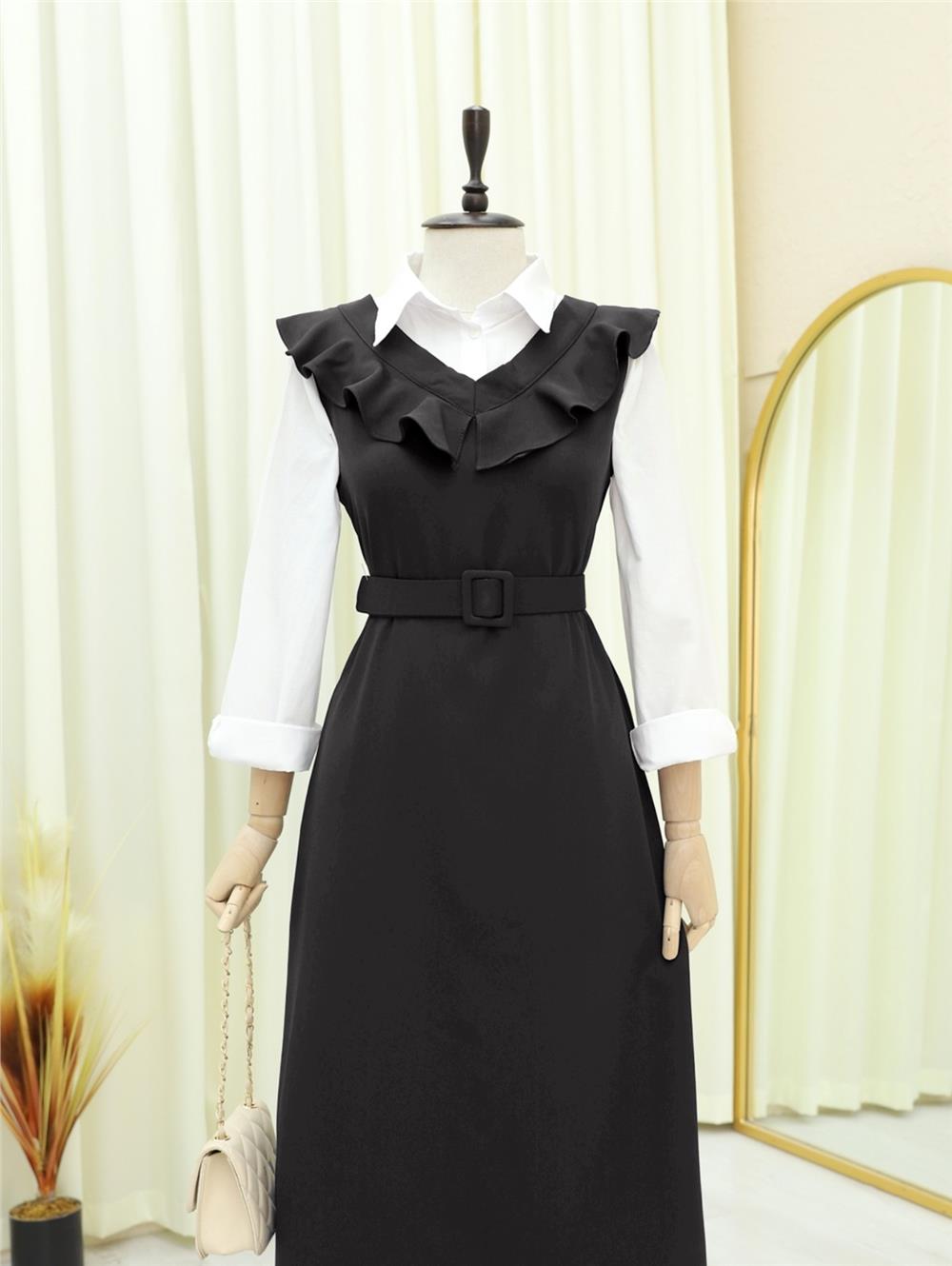 V Neck Long Gilet Dress -Black-111-60811-R01