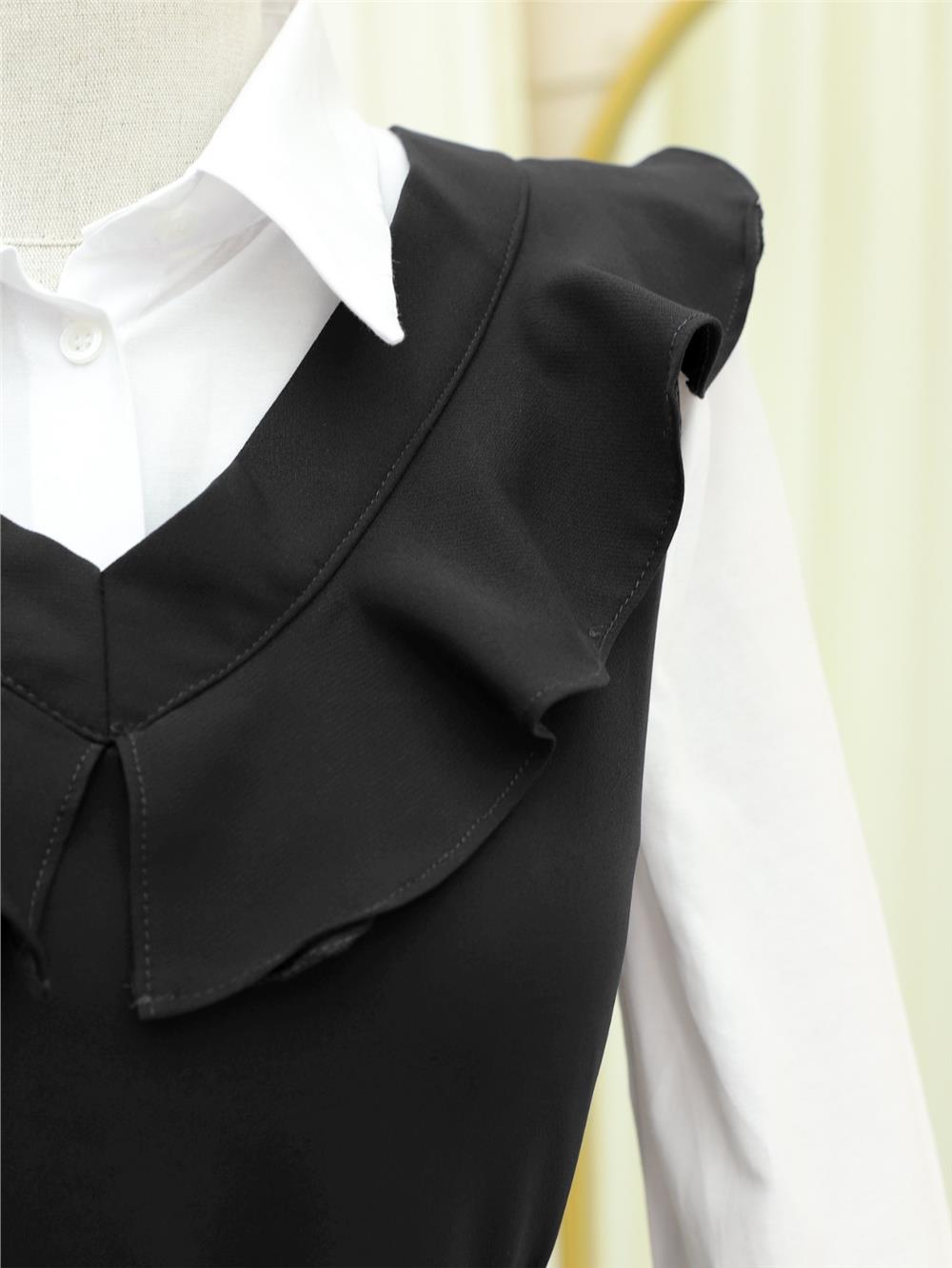V Neck Long Gilet Dress -Black-111-60811-R01