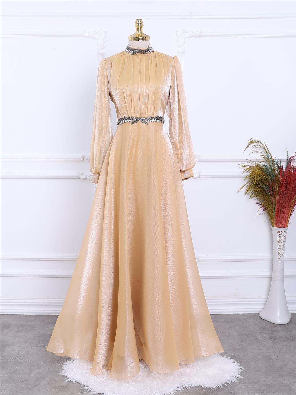 Tulle Evening Dress with Bead Detail on Collar and Waist -Yellow-337-6754-R22