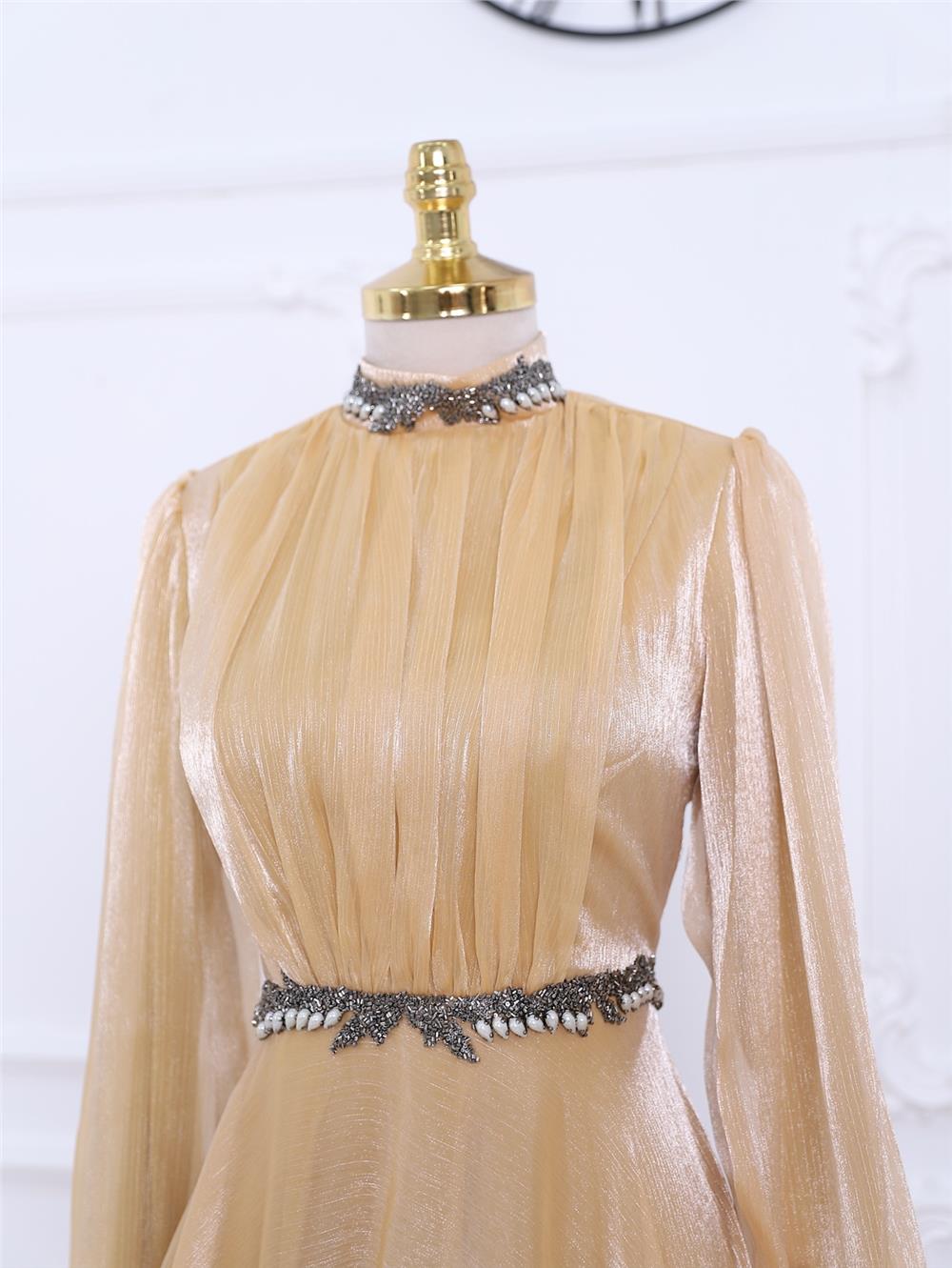 Tulle Evening Dress with Bead Detail on Collar and Waist -Yellow-337-6754-R22