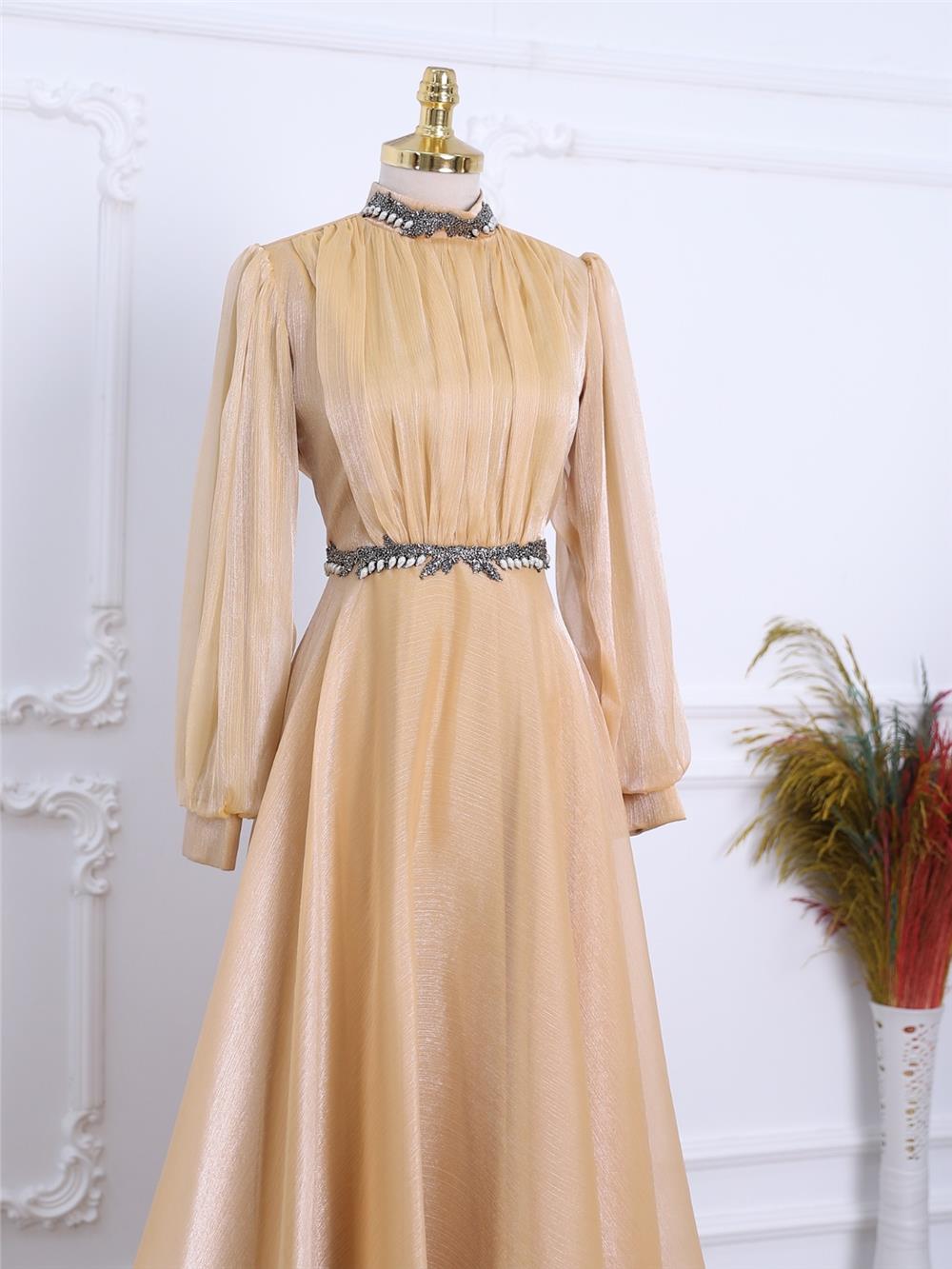 Tulle Evening Dress with Bead Detail on Collar and Waist -Yellow-337-6754-R22