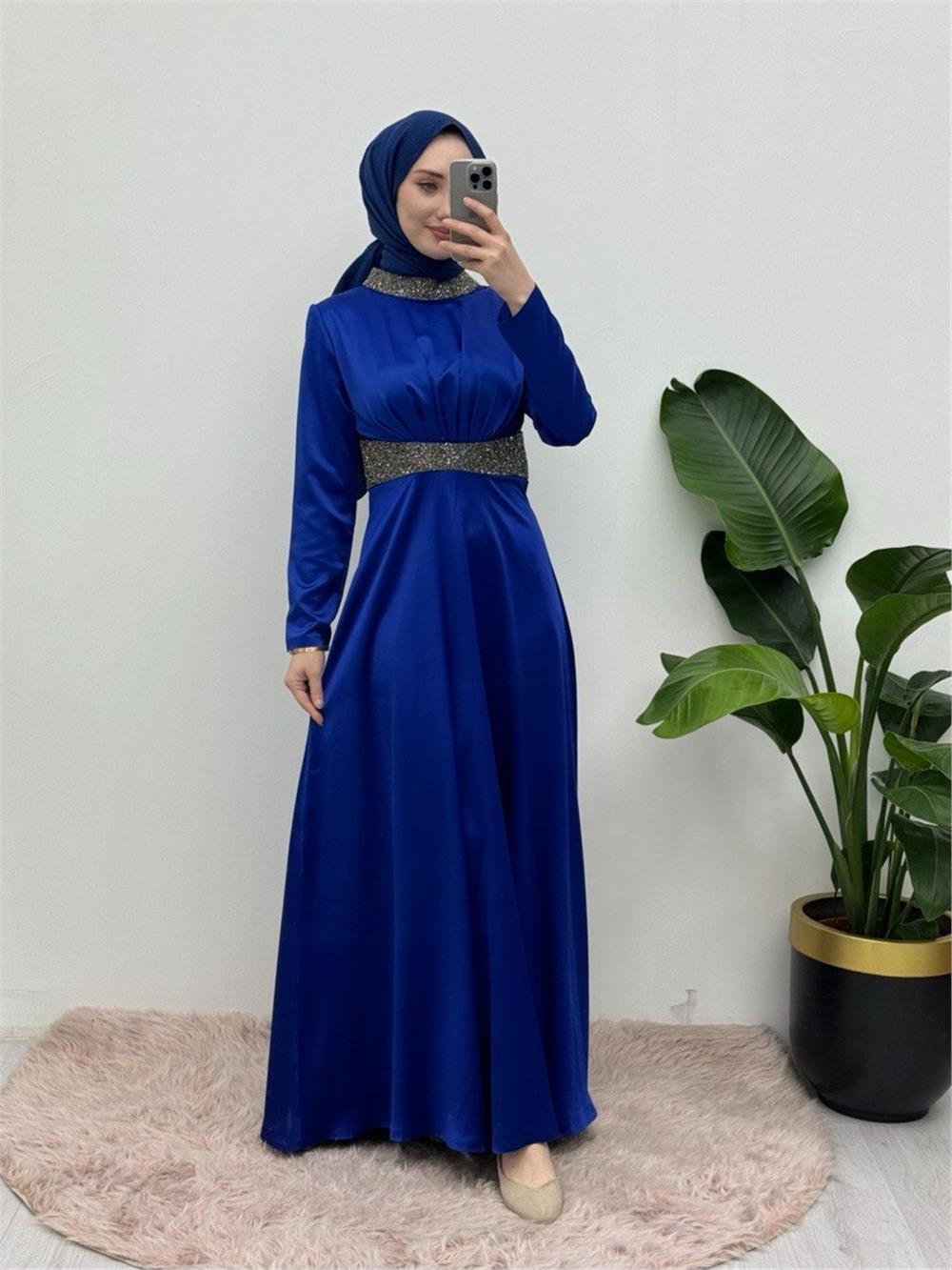 Satin Evening Dress with Stone Detail on Collar and Waist - Saks-111-61342-R10