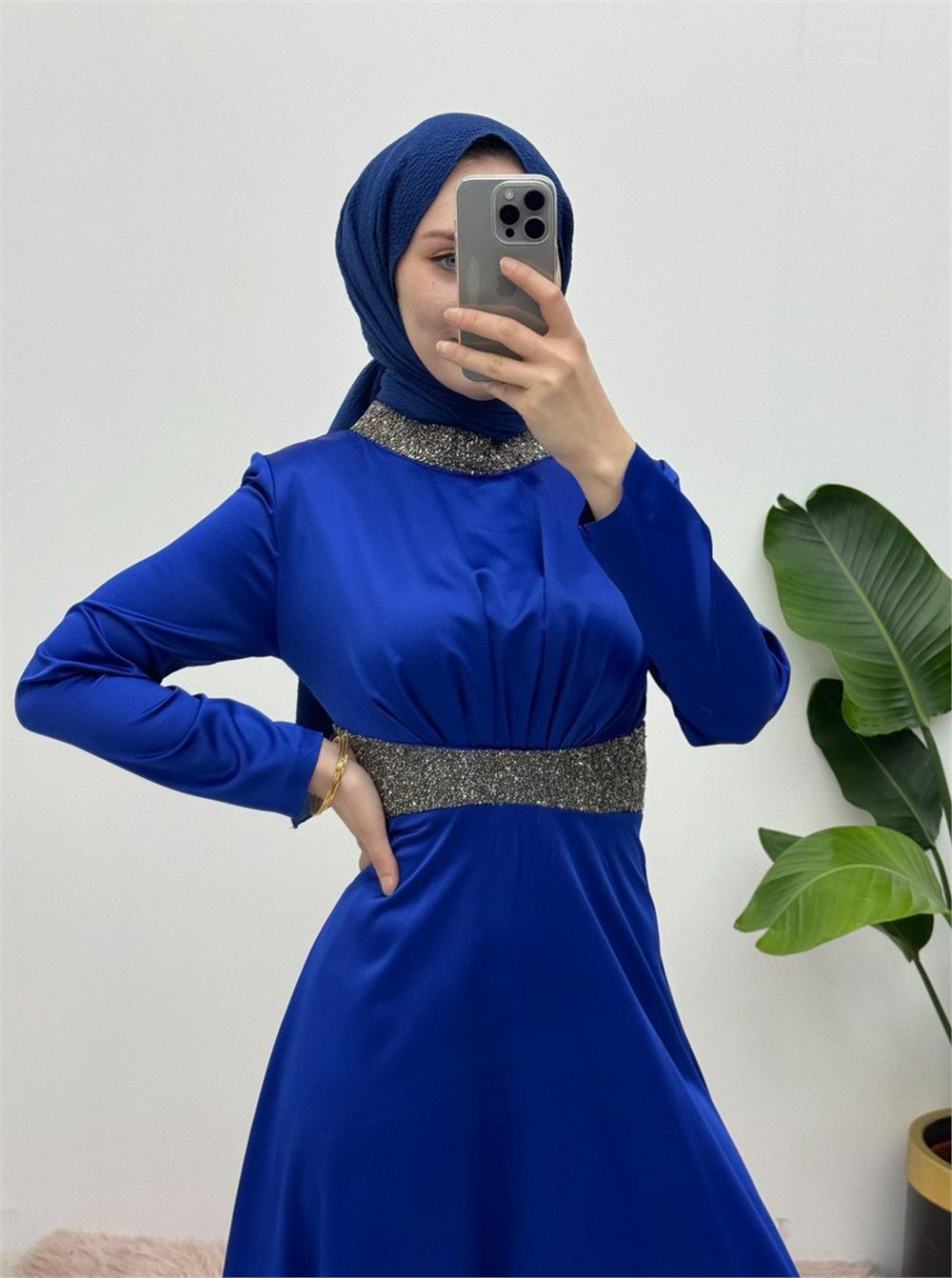 Satin Evening Dress with Stone Detail on Collar and Waist - Saks-111-61342-R10