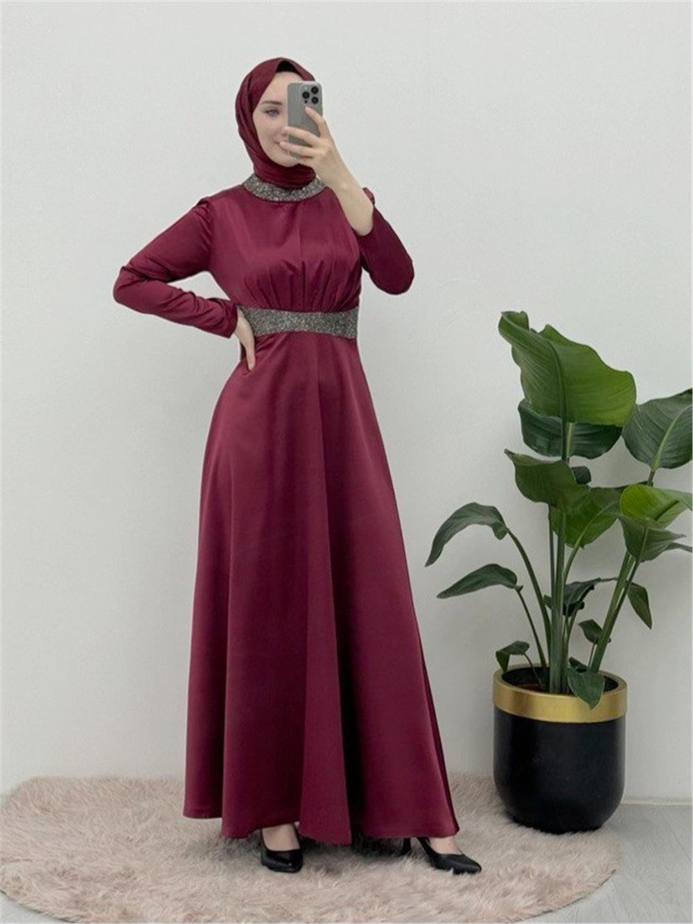 Satin Evening Dress with Stone Detail on Collar and Waist - Claret Red-111-61342-R04