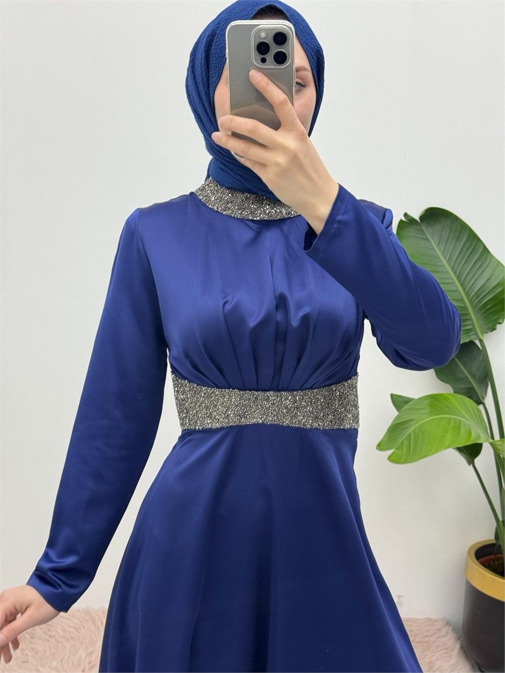 Satin Evening Dress with Stone Detail on Collar and Waist - Navy Blue-111-61342-R03