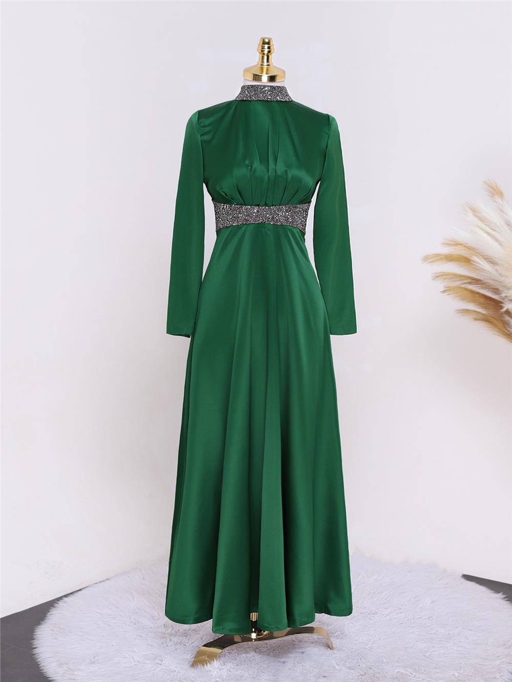 Satin Evening Dress with Stone Detail on Collar and Waist - Emerald-111-61342-R17