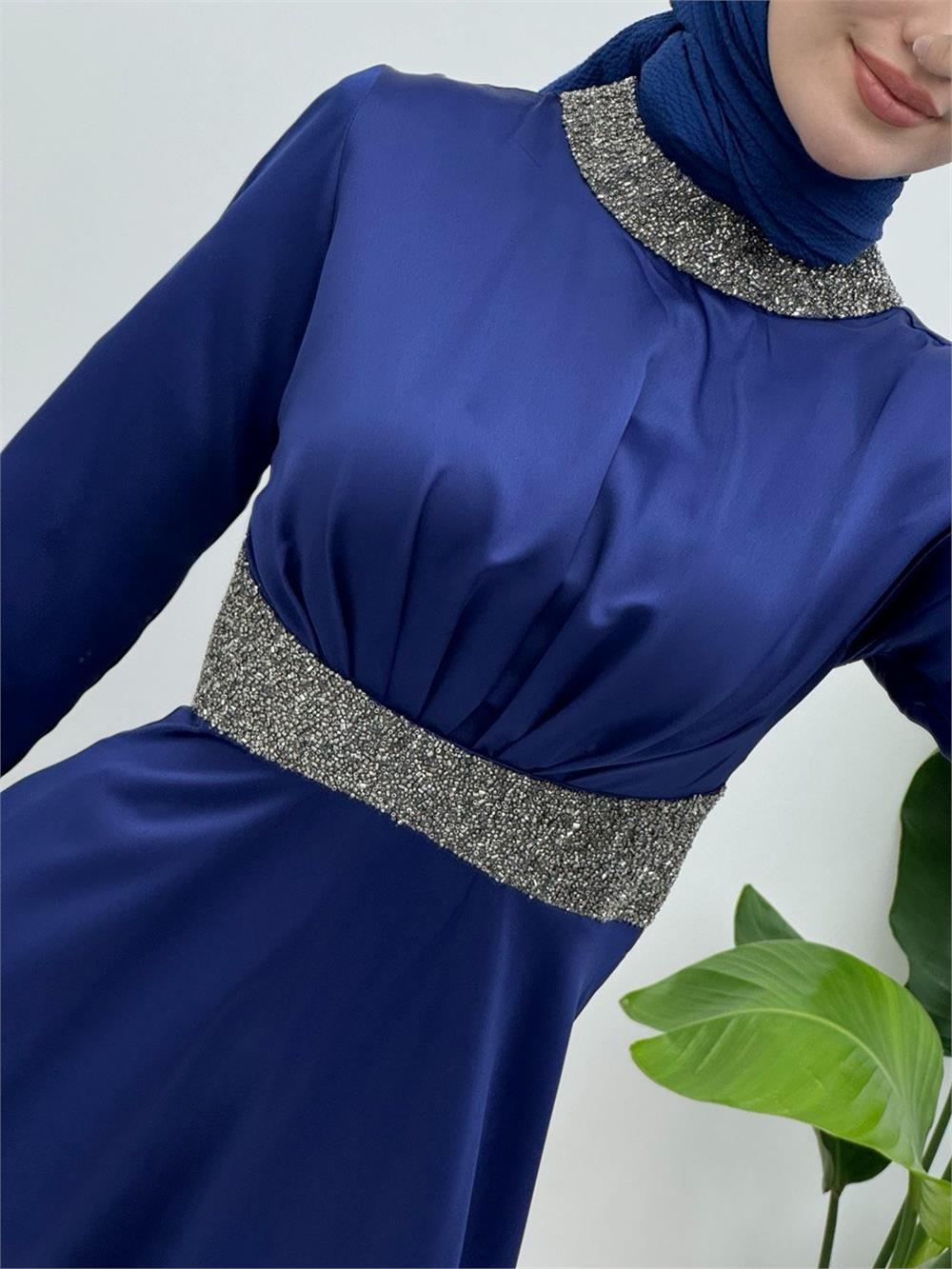 Satin Evening Dress with Stone Detail on Collar and Waist - Navy Blue-111-61342-R03