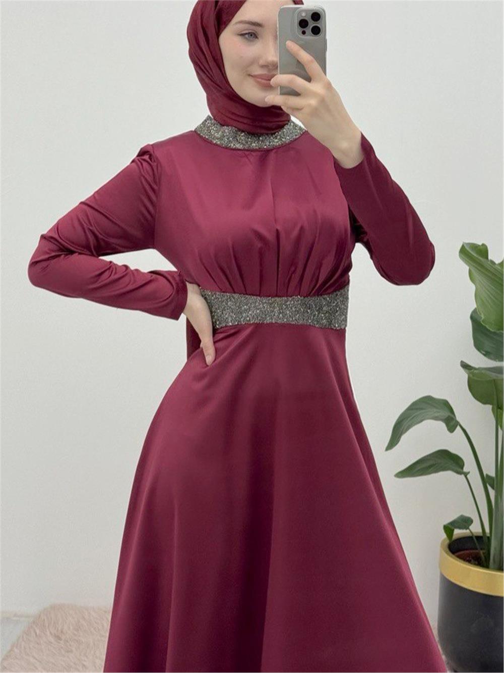 Satin Evening Dress with Stone Detail on Collar and Waist - Claret Red-111-61342-R04