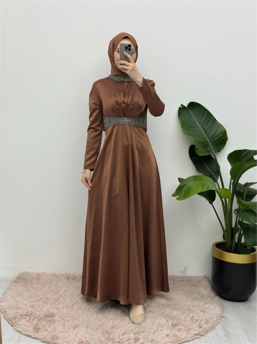 Satin Evening Dress with Stone Detail on Collar and Waist - Brown-111-61342-R15