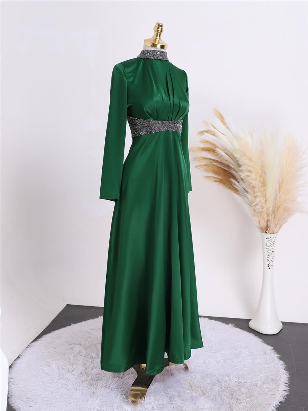 Satin Evening Dress with Stone Detail on Collar and Waist - Emerald-111-61342-R17