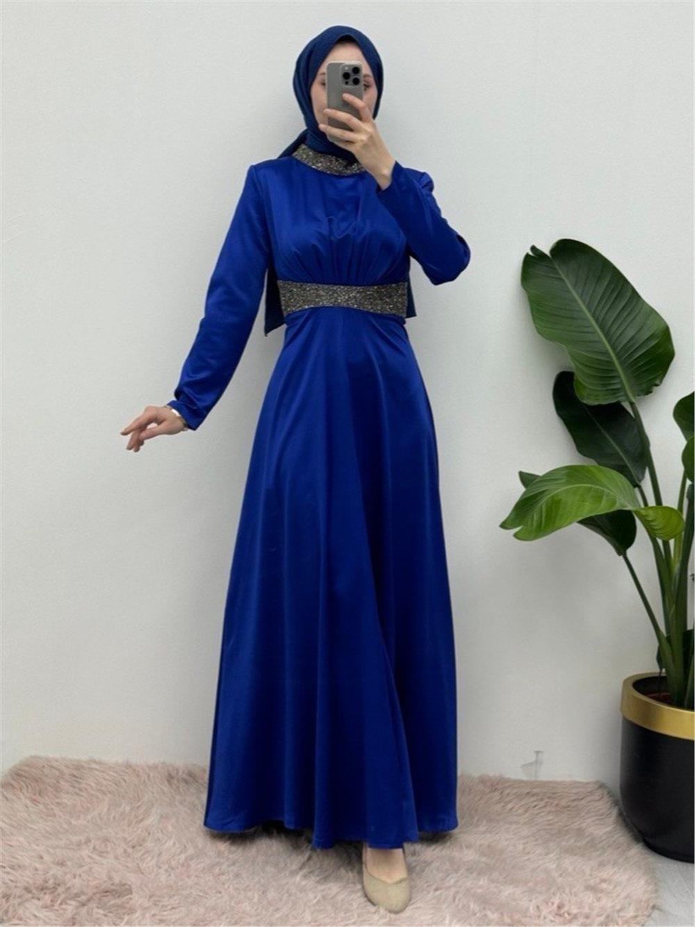 Satin Evening Dress with Stone Detail on Collar and Waist - Saks-111-61342-R10