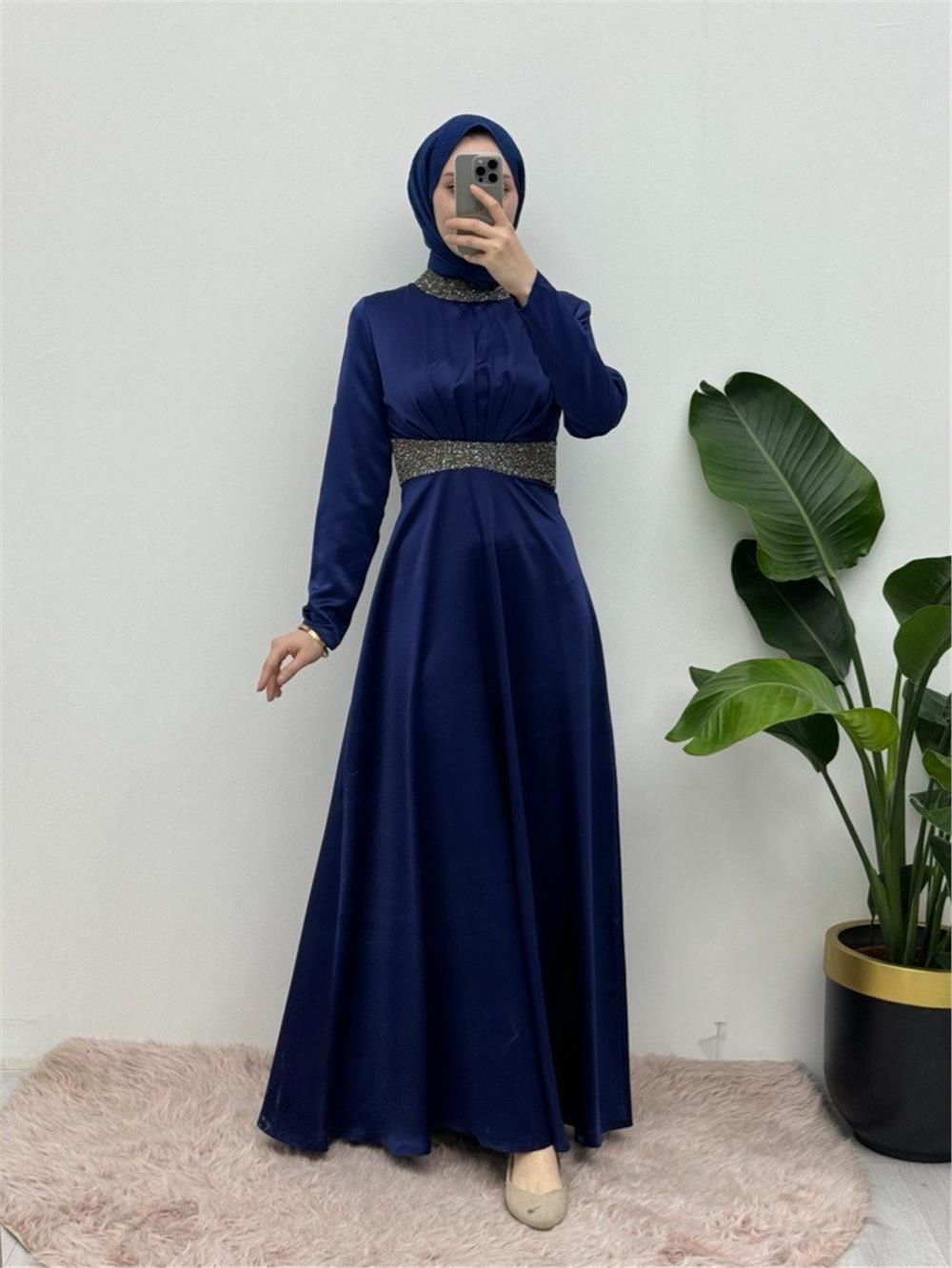 Satin Evening Dress with Stone Detail on Collar and Waist - Navy Blue-111-61342-R03
