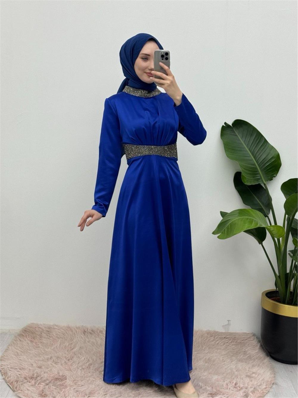 Satin Evening Dress with Stone Detail on Collar and Waist - Saks-111-61342-R10