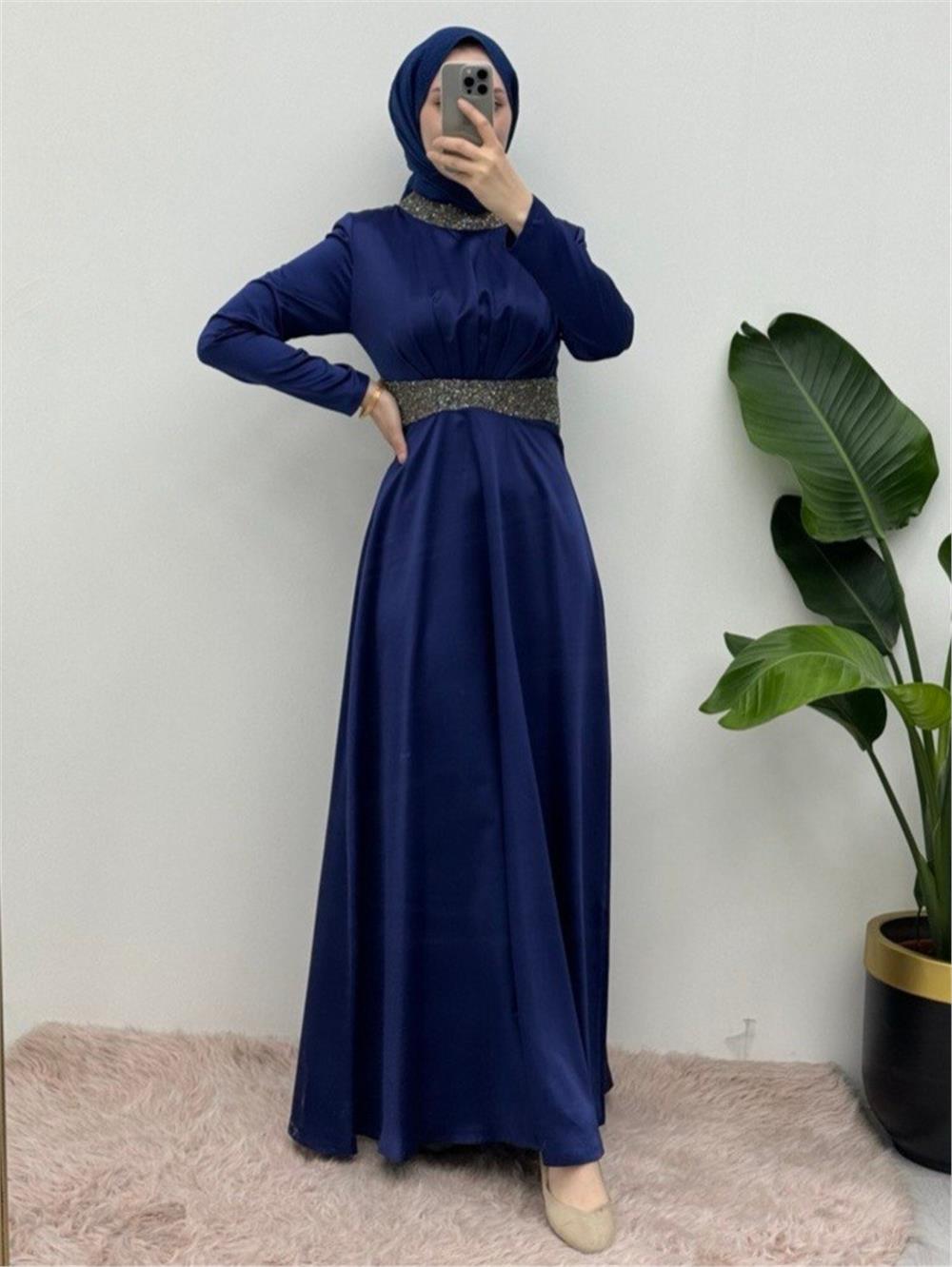 Satin Evening Dress with Stone Detail on Collar and Waist - Navy Blue-111-61342-R03