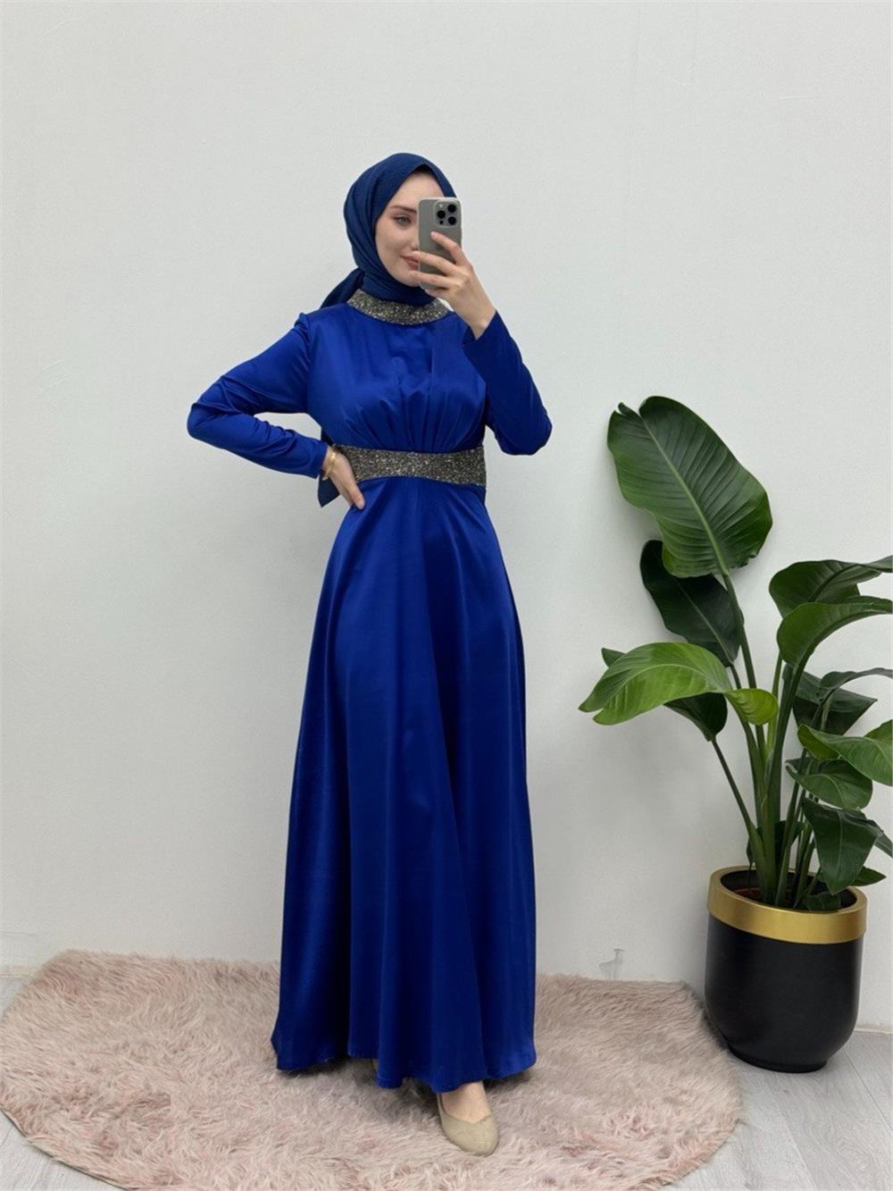 Satin Evening Dress with Stone Detail on Collar and Waist - Saks-111-61342-R10