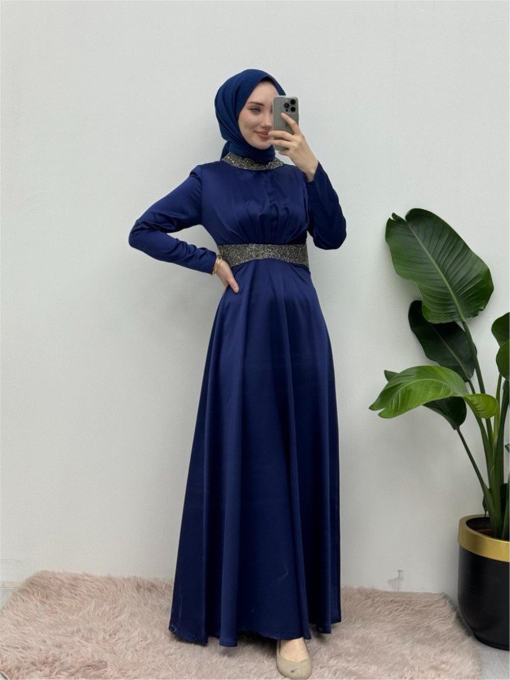 Satin Evening Dress with Stone Detail on Collar and Waist - Navy Blue-111-61342-R03