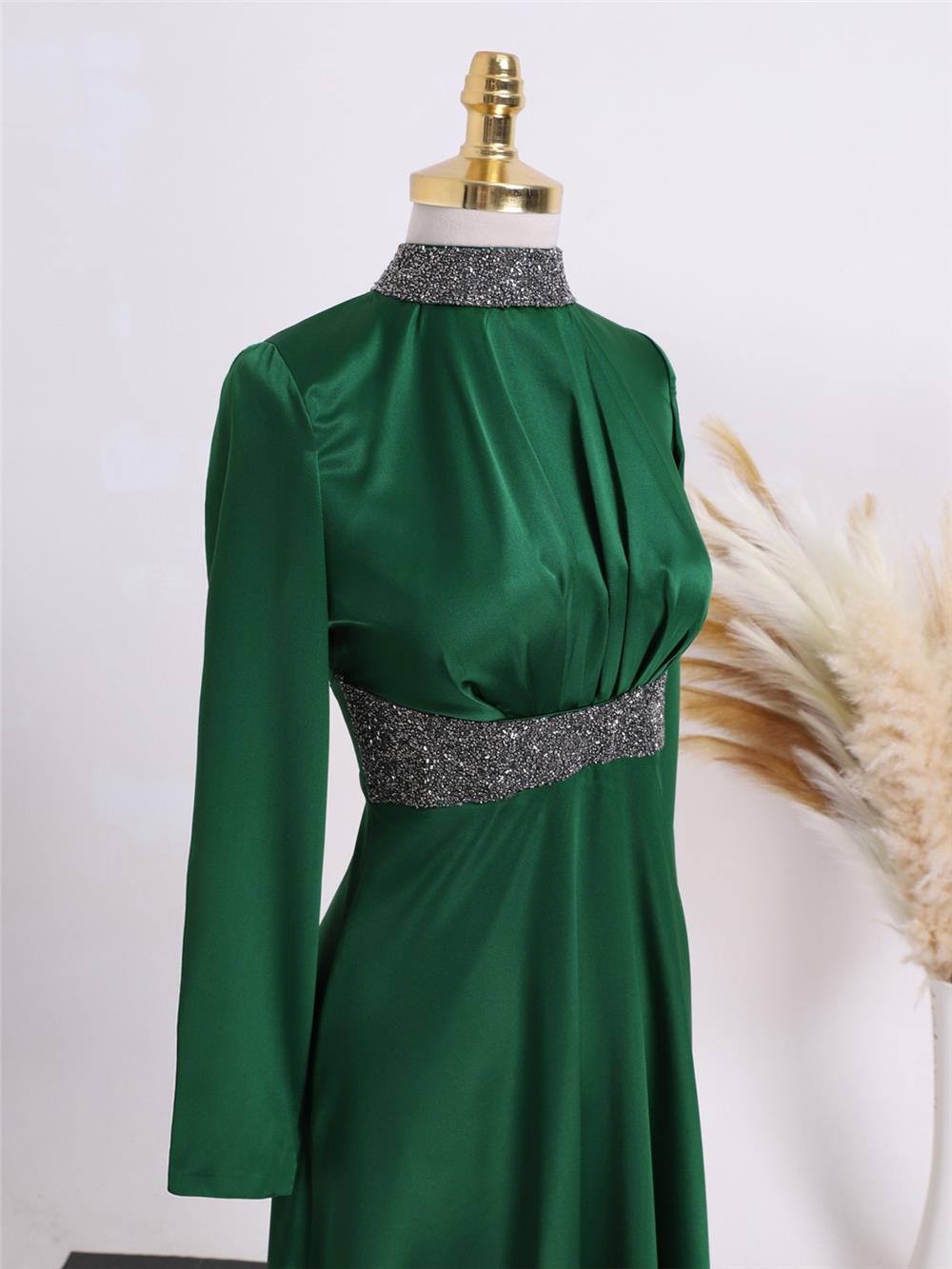 Satin Evening Dress with Stone Detail on Collar and Waist - Emerald-111-61342-R17