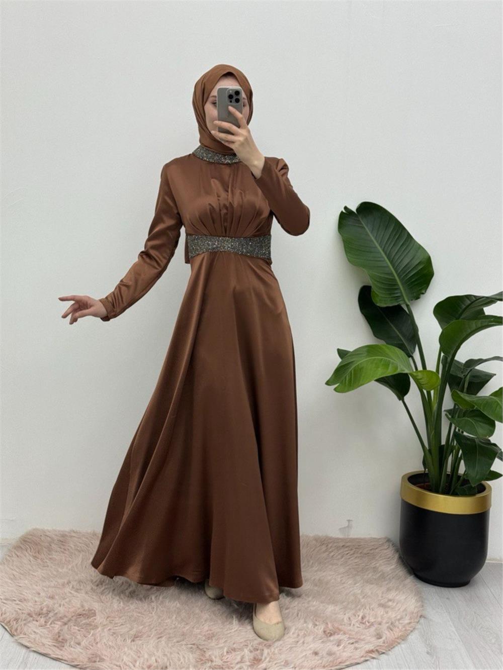 Satin Evening Dress with Stone Detail on Collar and Waist - Brown-111-61342-R15