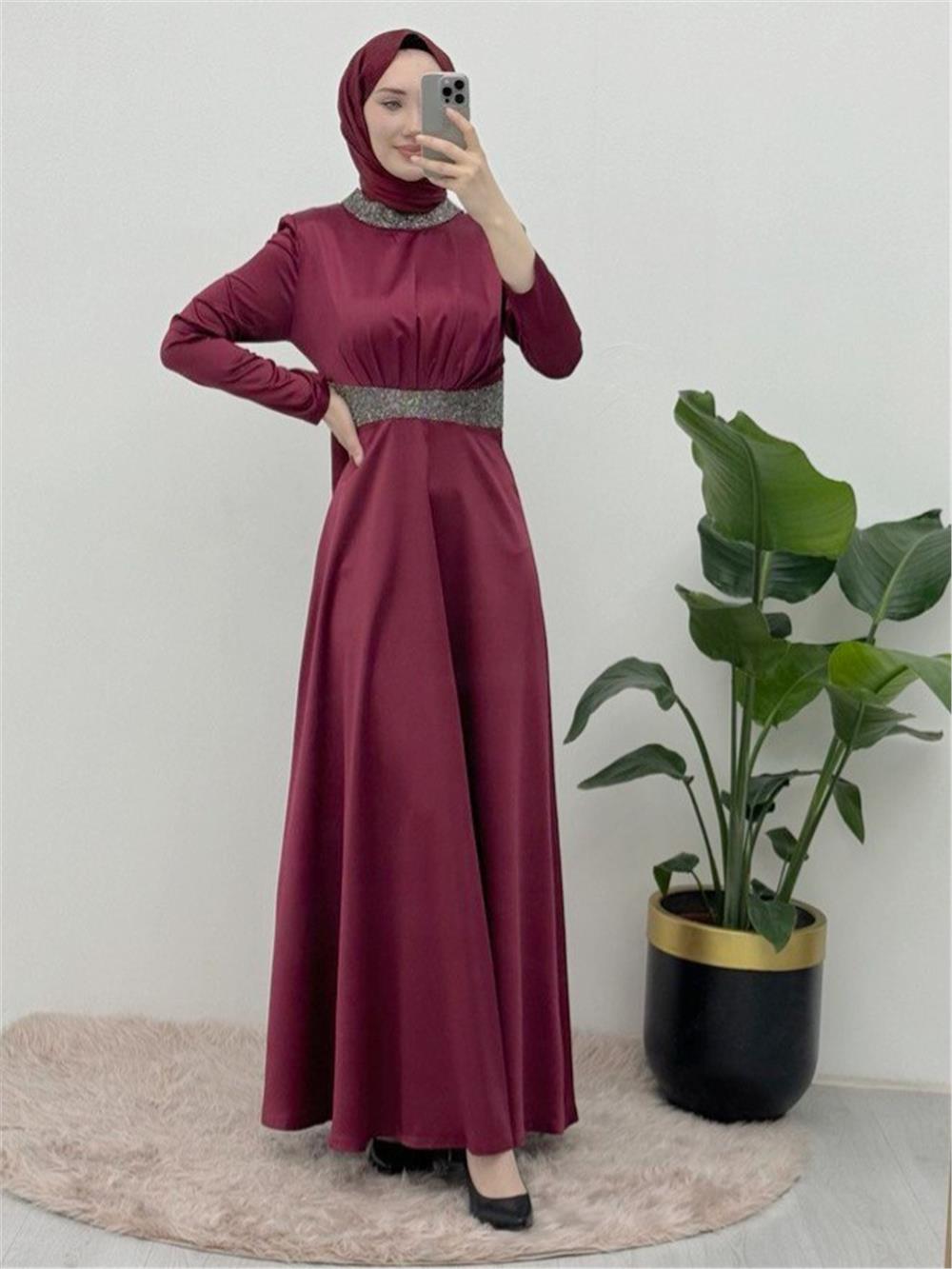 Satin Evening Dress with Stone Detail on Collar and Waist - Claret Red-111-61342-R04