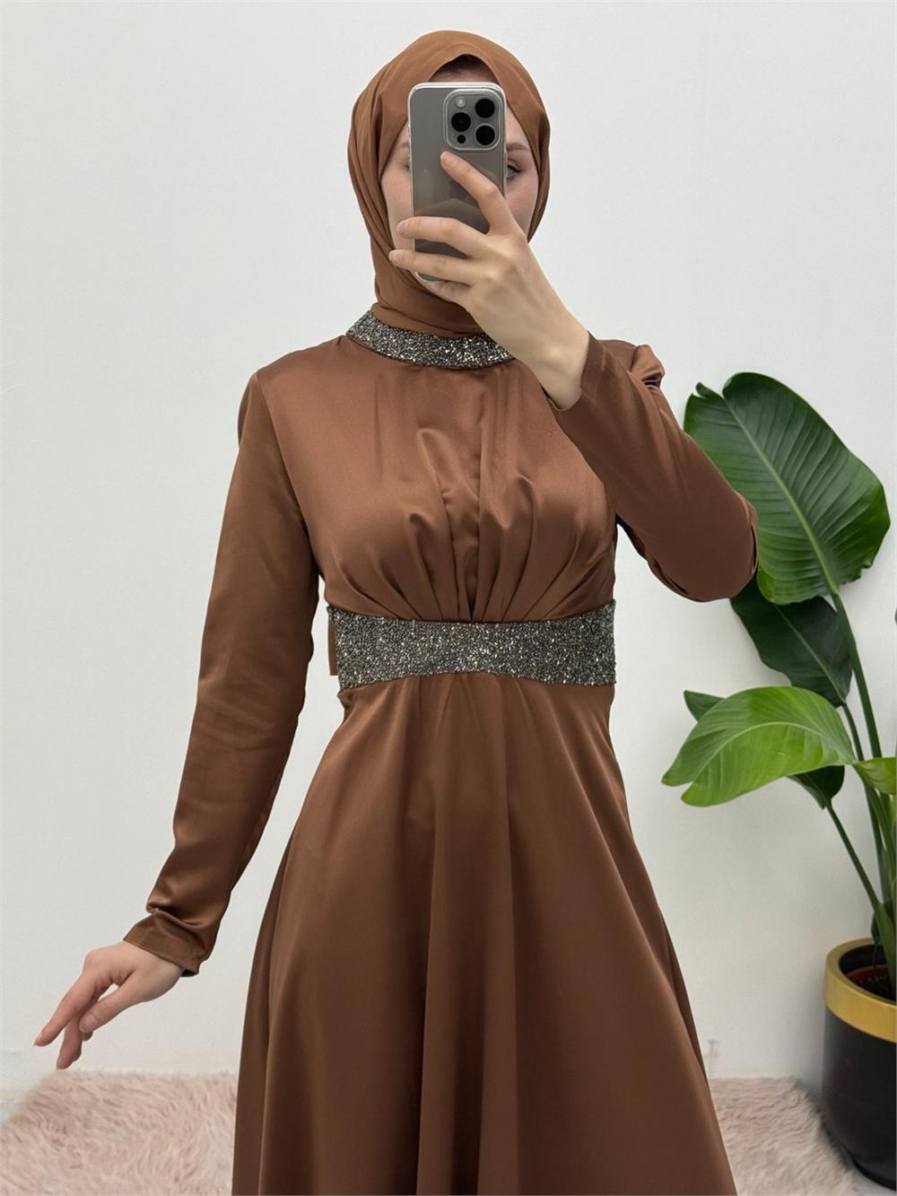 Satin Evening Dress with Stone Detail on Collar and Waist - Brown-111-61342-R15