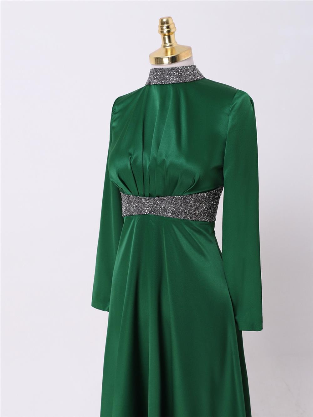 Satin Evening Dress with Stone Detail on Collar and Waist - Emerald-111-61342-R17