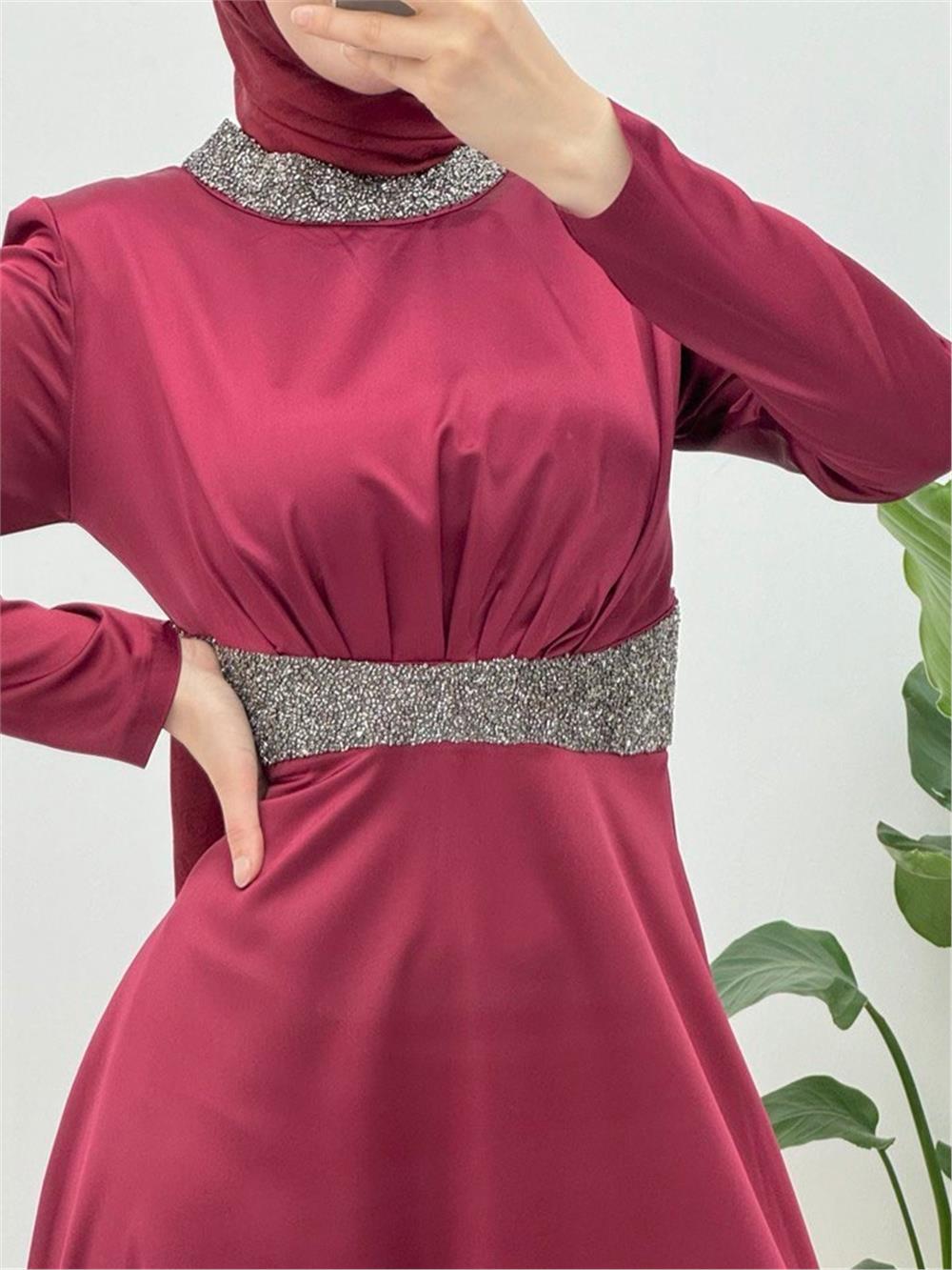 Satin Evening Dress with Stone Detail on Collar and Waist - Claret Red-111-61342-R04