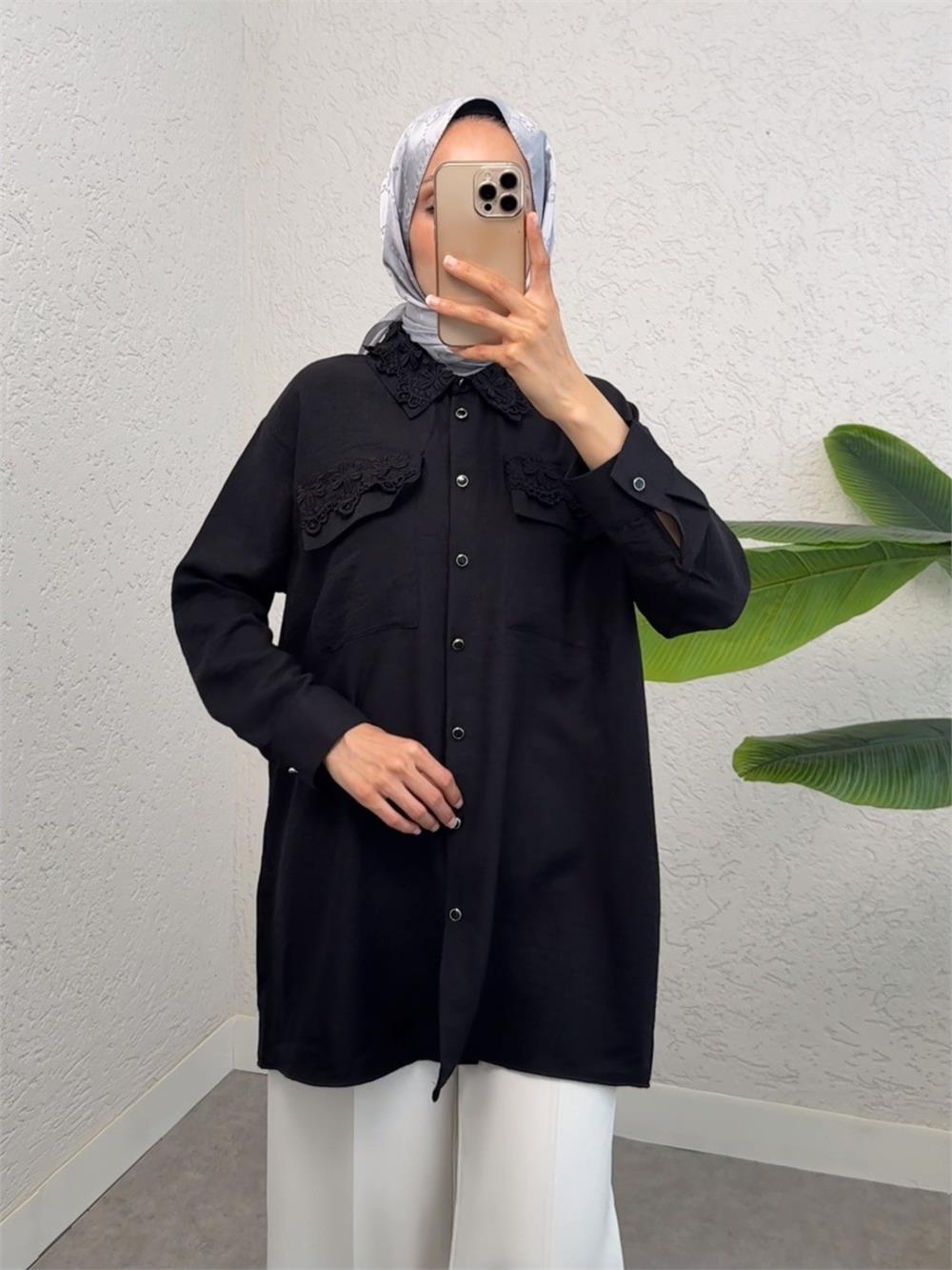 Yakası Ve Cepleri Dantel Detaylı  Gömlek -Siyah-238-2553-R01