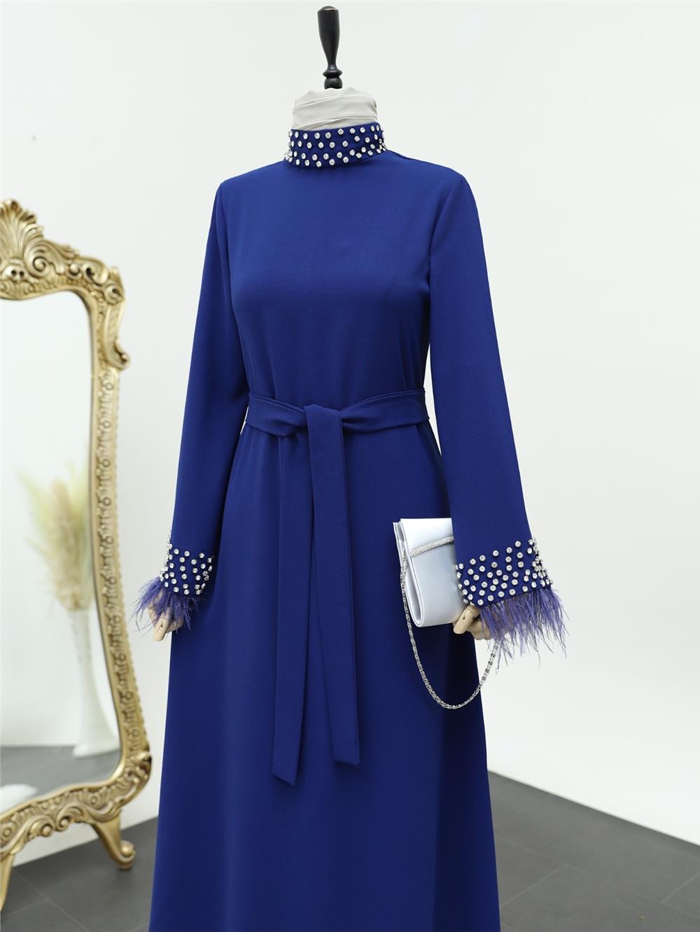 Lace-Up Dress with Stoned Feather Detail on Collar and Sleeves - Saks-316-4431-R10