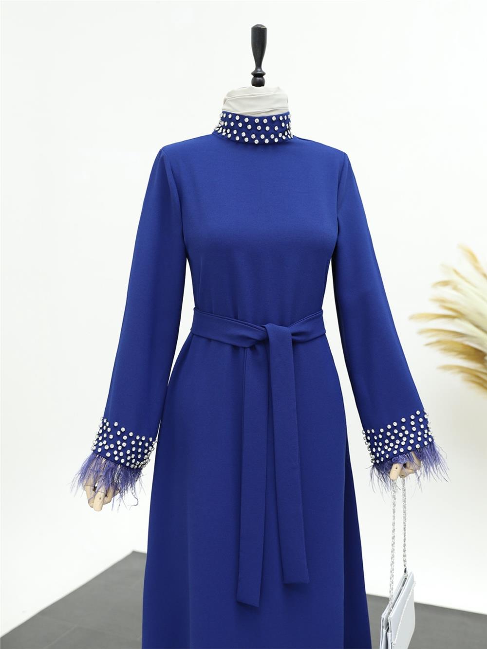 Lace-Up Dress with Stoned Feather Detail on Collar and Sleeves - Saks-316-4431-R10