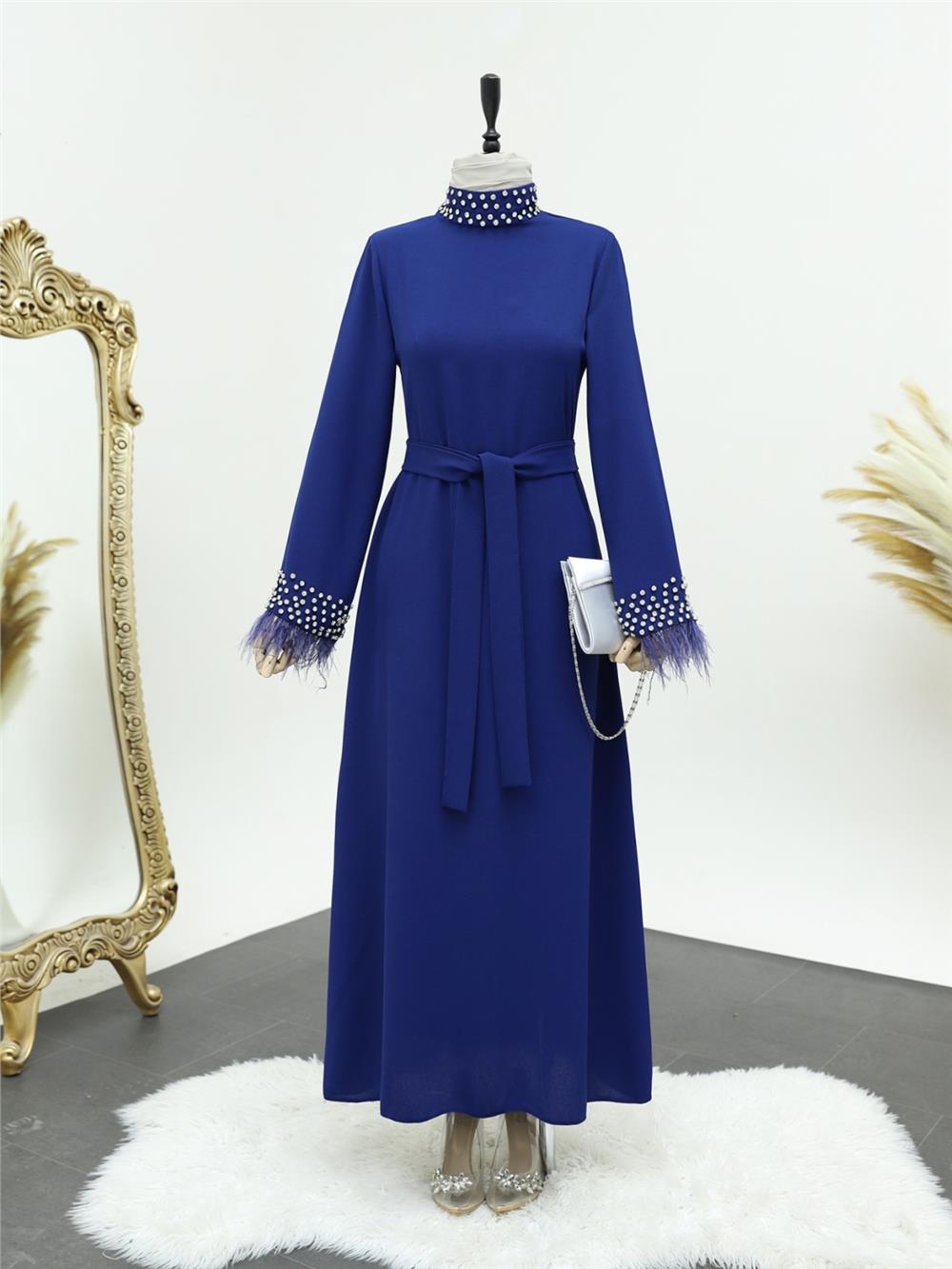 Lace-Up Dress with Stoned Feather Detail on Collar and Sleeves - Saks-316-4431-R10