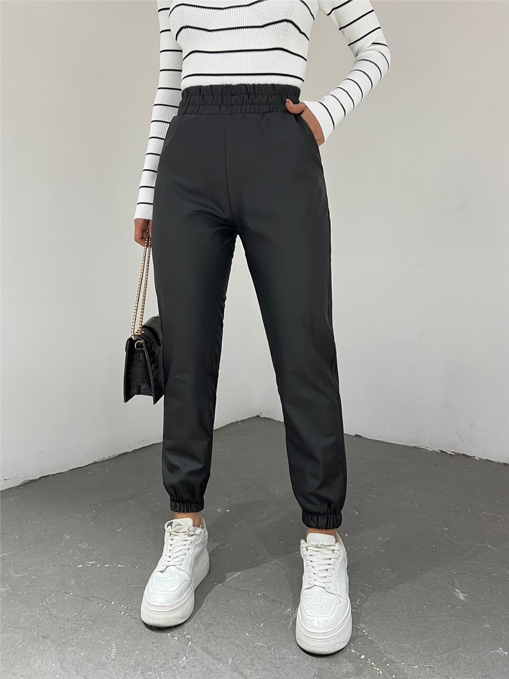 Side Pockets, Elastic Waist and Legs Leather Trousers -Black-366-10017-R01