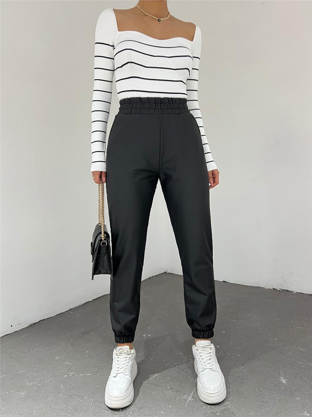 Side Pockets, Elastic Waist and Legs Leather Trousers -Black-366-10017-R01