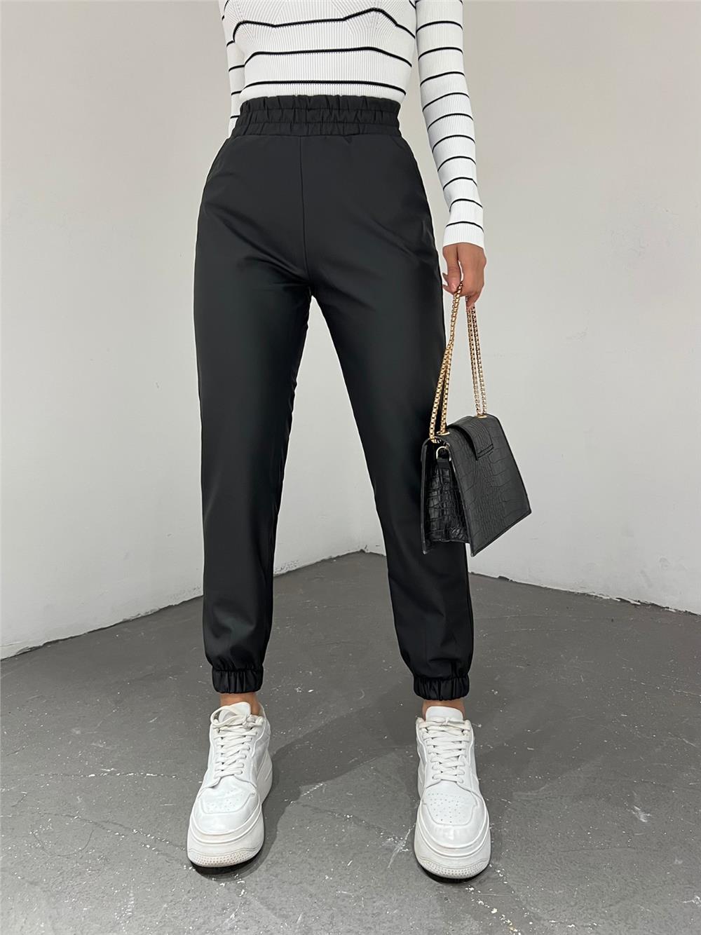 Side Pockets, Elastic Waist and Legs Leather Trousers -Black-366-10017-R01