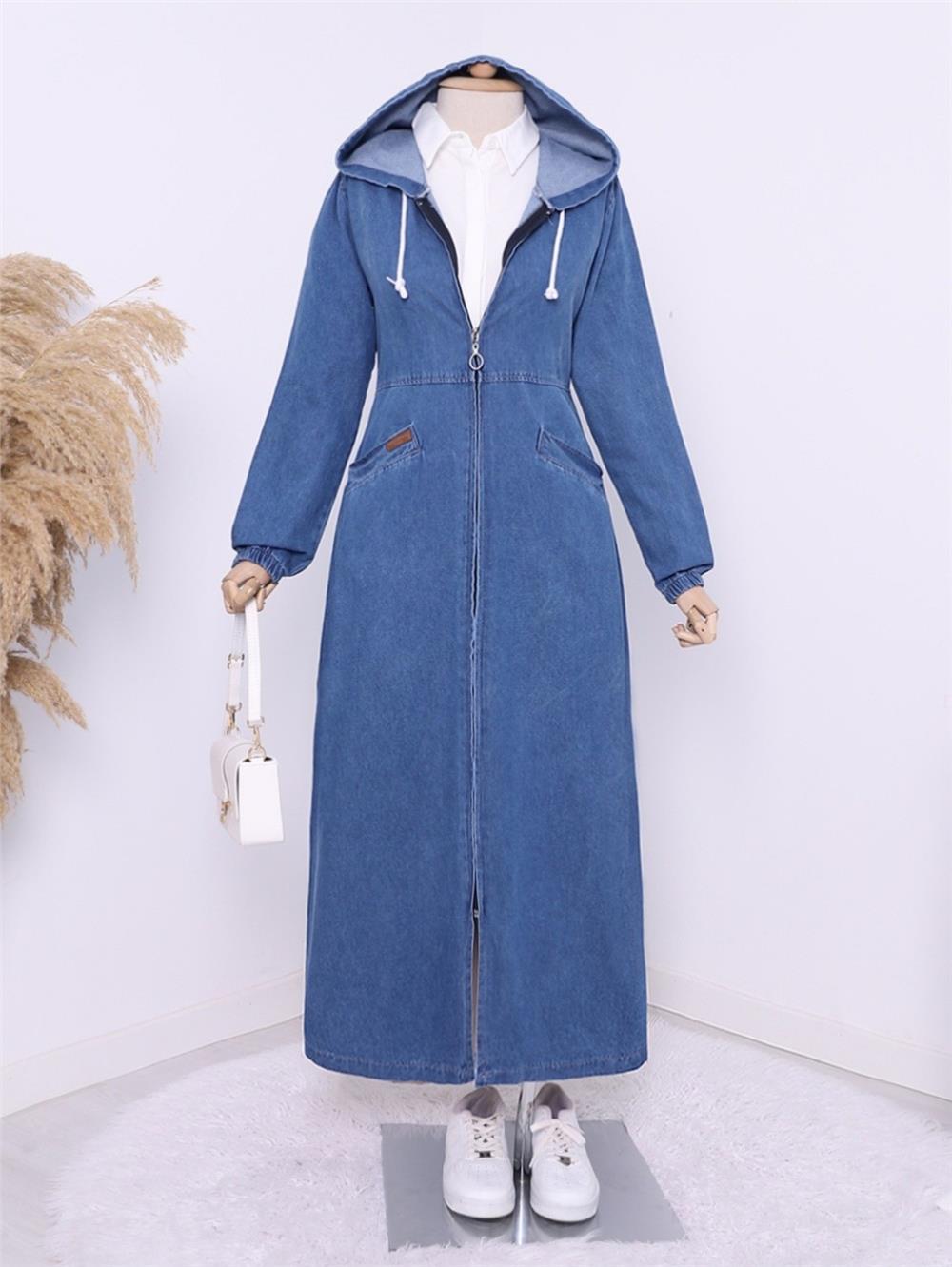 Side Pockets Elastic Sleeve Hooded Denim Cap -Indigo-197-7805-R21