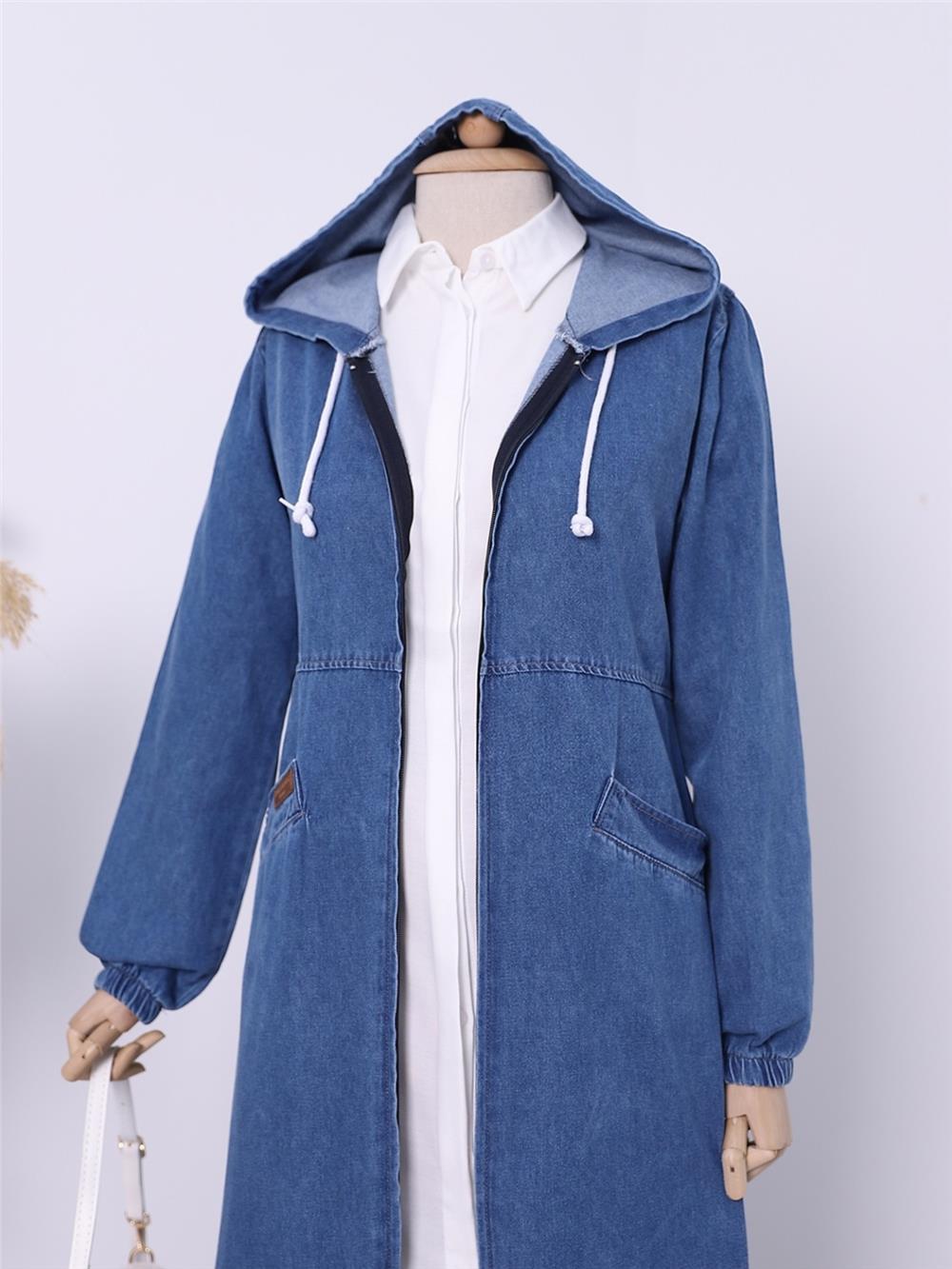Side Pockets Elastic Sleeve Hooded Denim Cap -Indigo-197-7805-R21