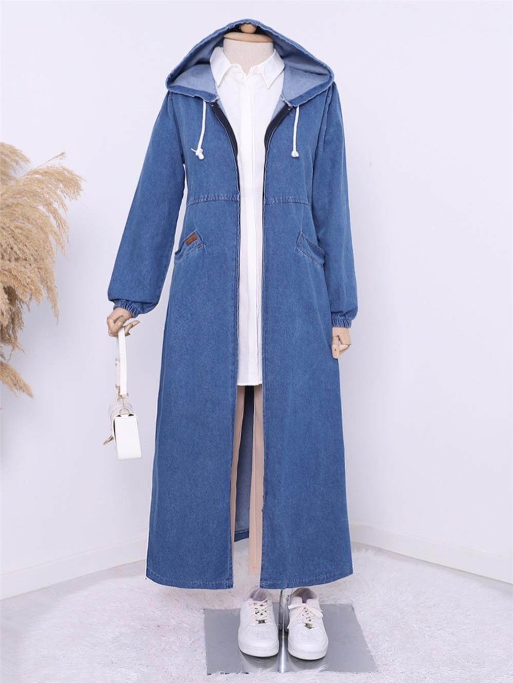 Side Pockets Elastic Sleeve Hooded Denim Cap -Indigo-197-7805-R21