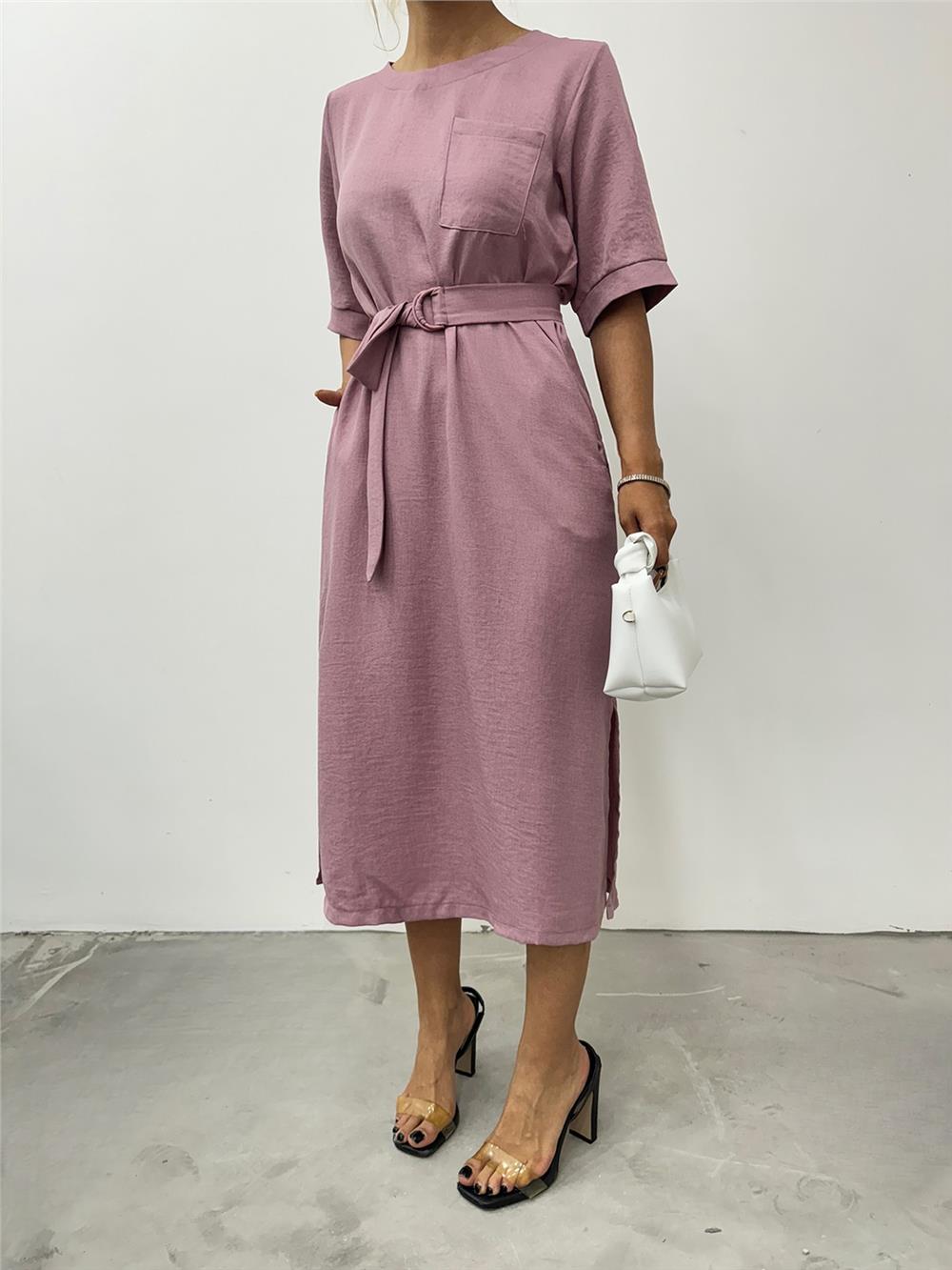 Midi Length Short Sleeve Dress with Side Pockets and Slits - Powder-246-3682-R06