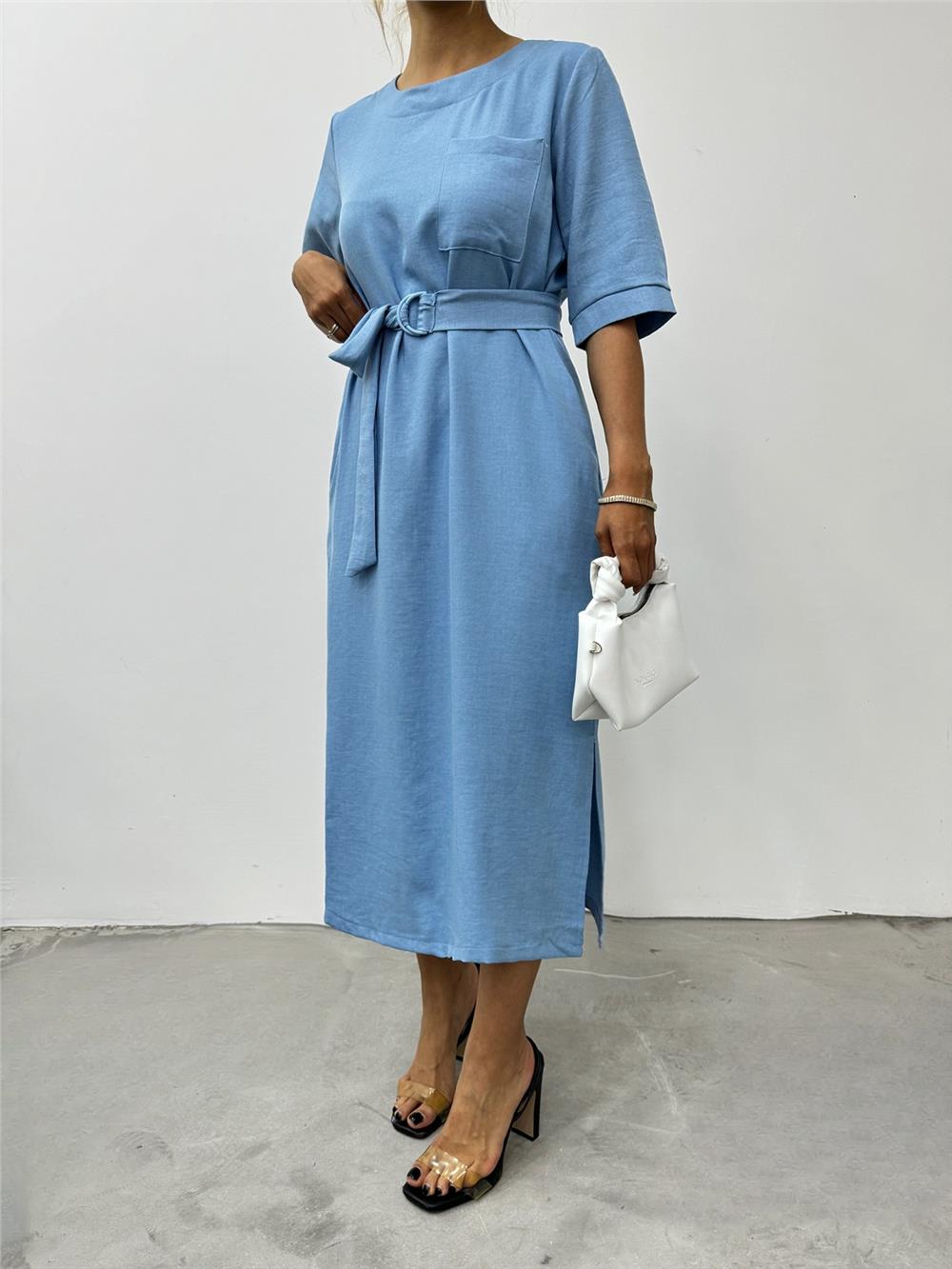 Midi Length Short Sleeve Dress with Side Pockets and Slits - Blue-246-3682-R31