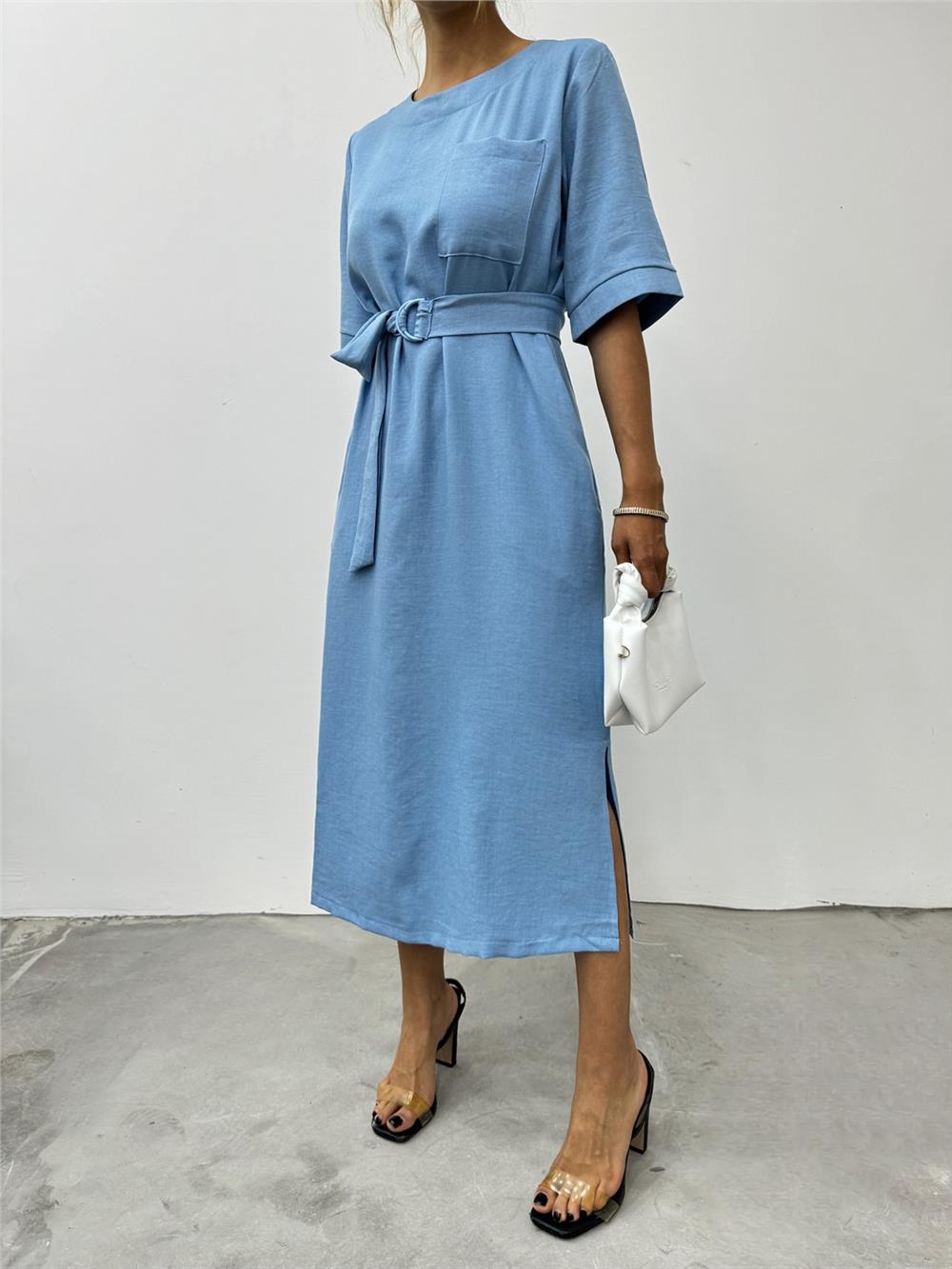 Midi Length Short Sleeve Dress with Side Pockets and Slits - Blue-246-3682-R31