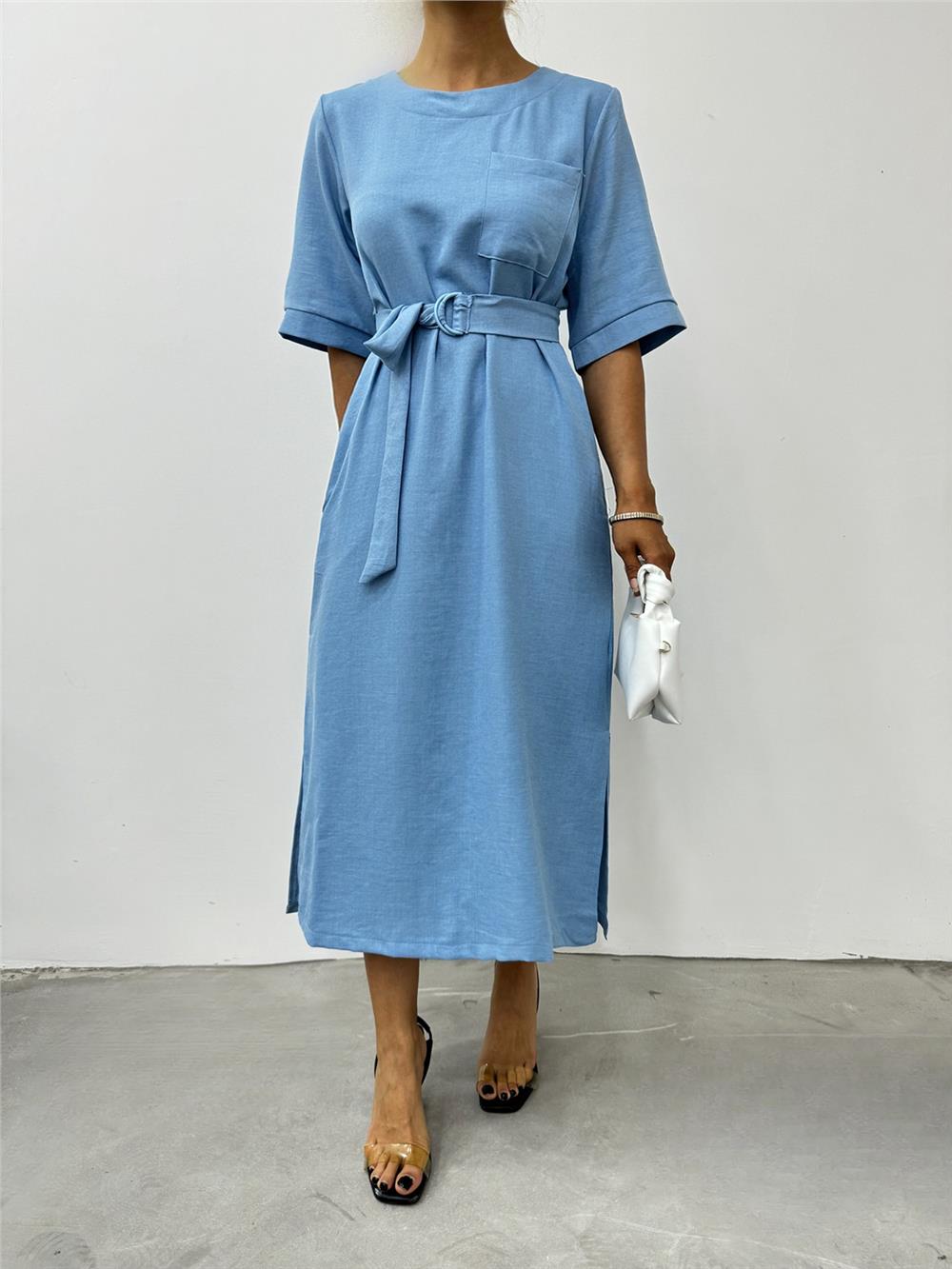 Midi Length Short Sleeve Dress with Side Pockets and Slits - Blue-246-3682-R31