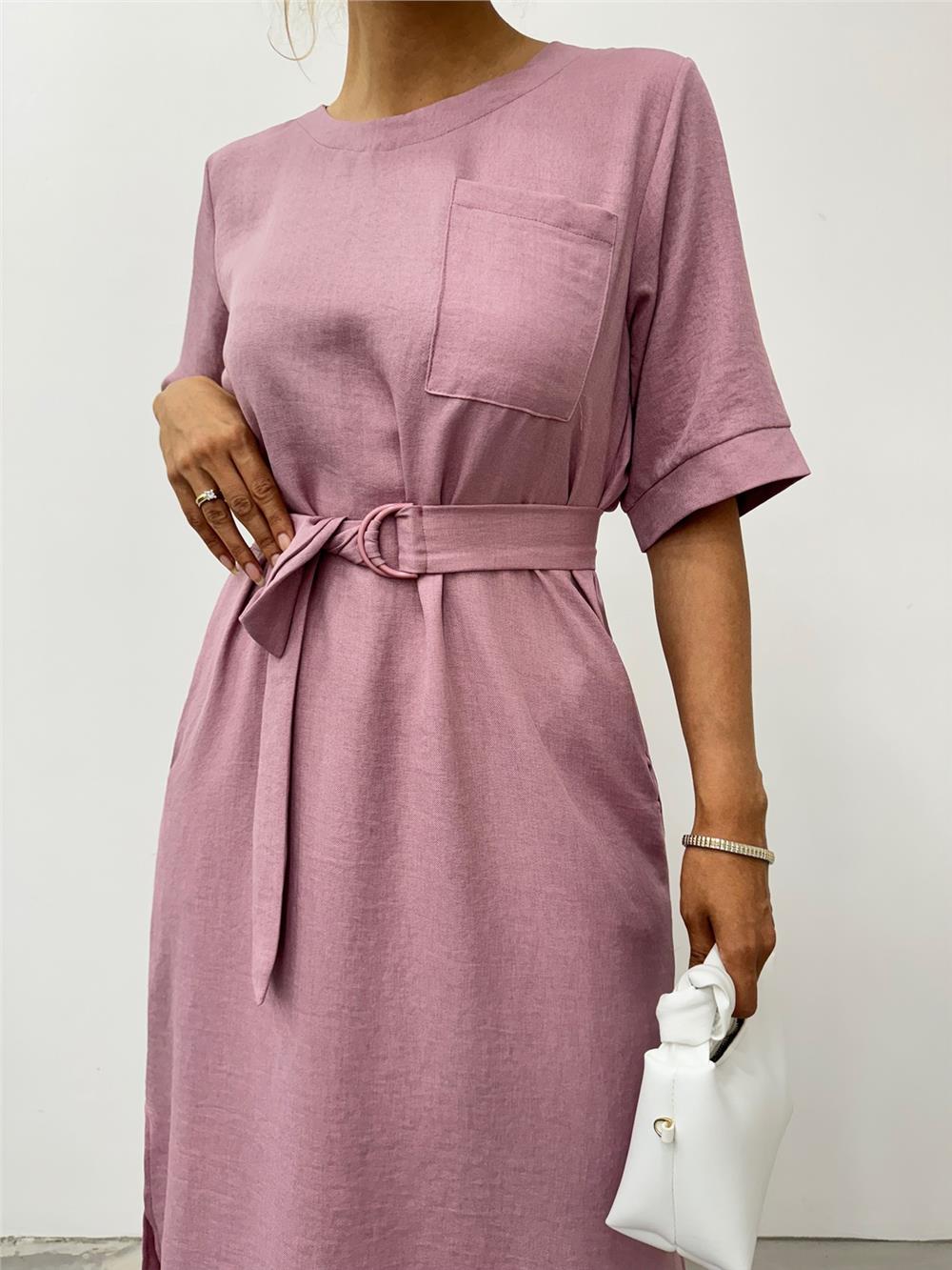 Midi Length Short Sleeve Dress with Side Pockets and Slits - Powder-246-3682-R06