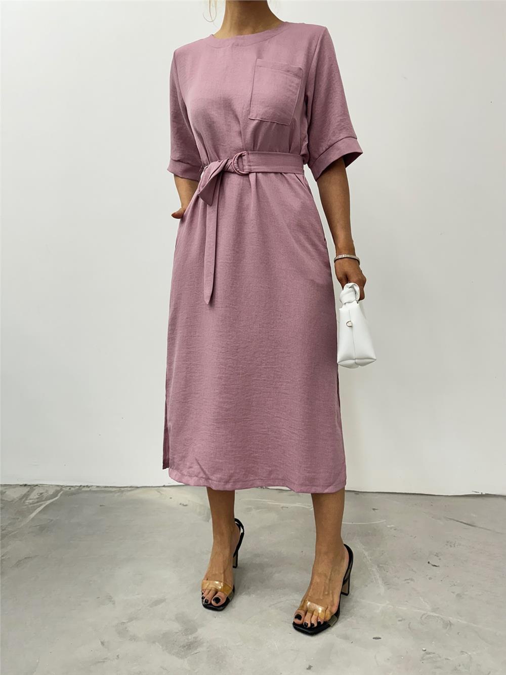 Midi Length Short Sleeve Dress with Side Pockets and Slits - Powder-246-3682-R06