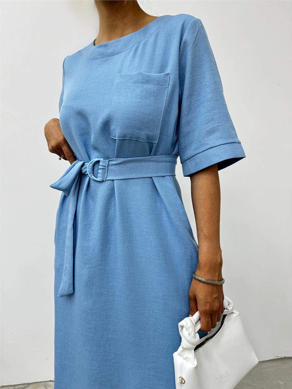 Midi Length Short Sleeve Dress with Side Pockets and Slits - Blue-246-3682-R31