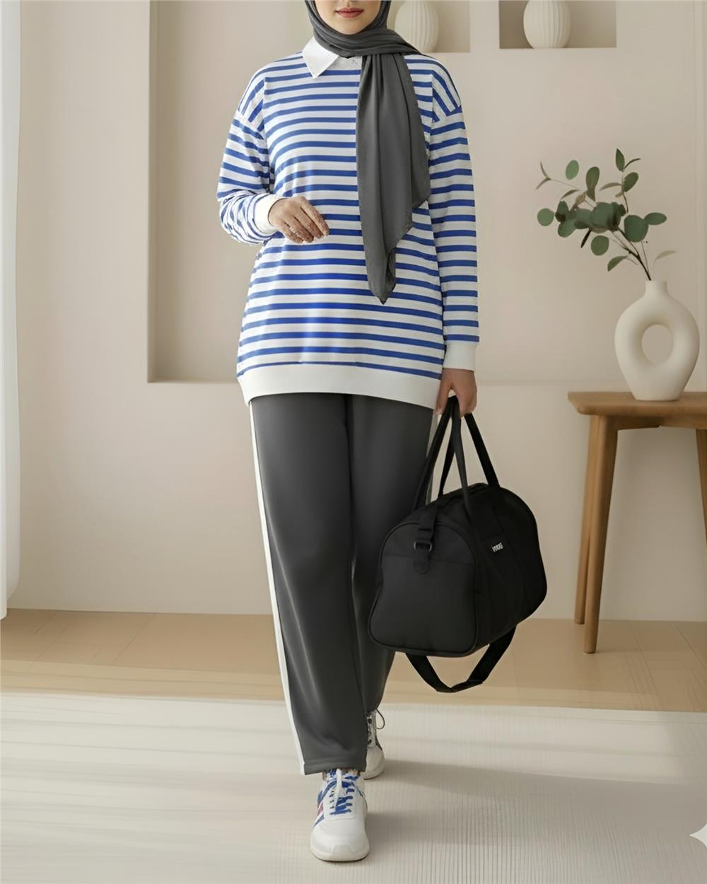 Yan Çizgili Bisiklet Yaka Sweat   -İndigo-349-1079-R21