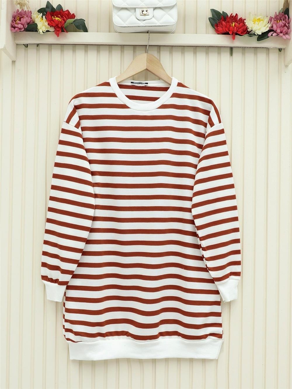 Yan Çizgili Bisiklet Yaka Sweat   -Taba-349-1079-R12